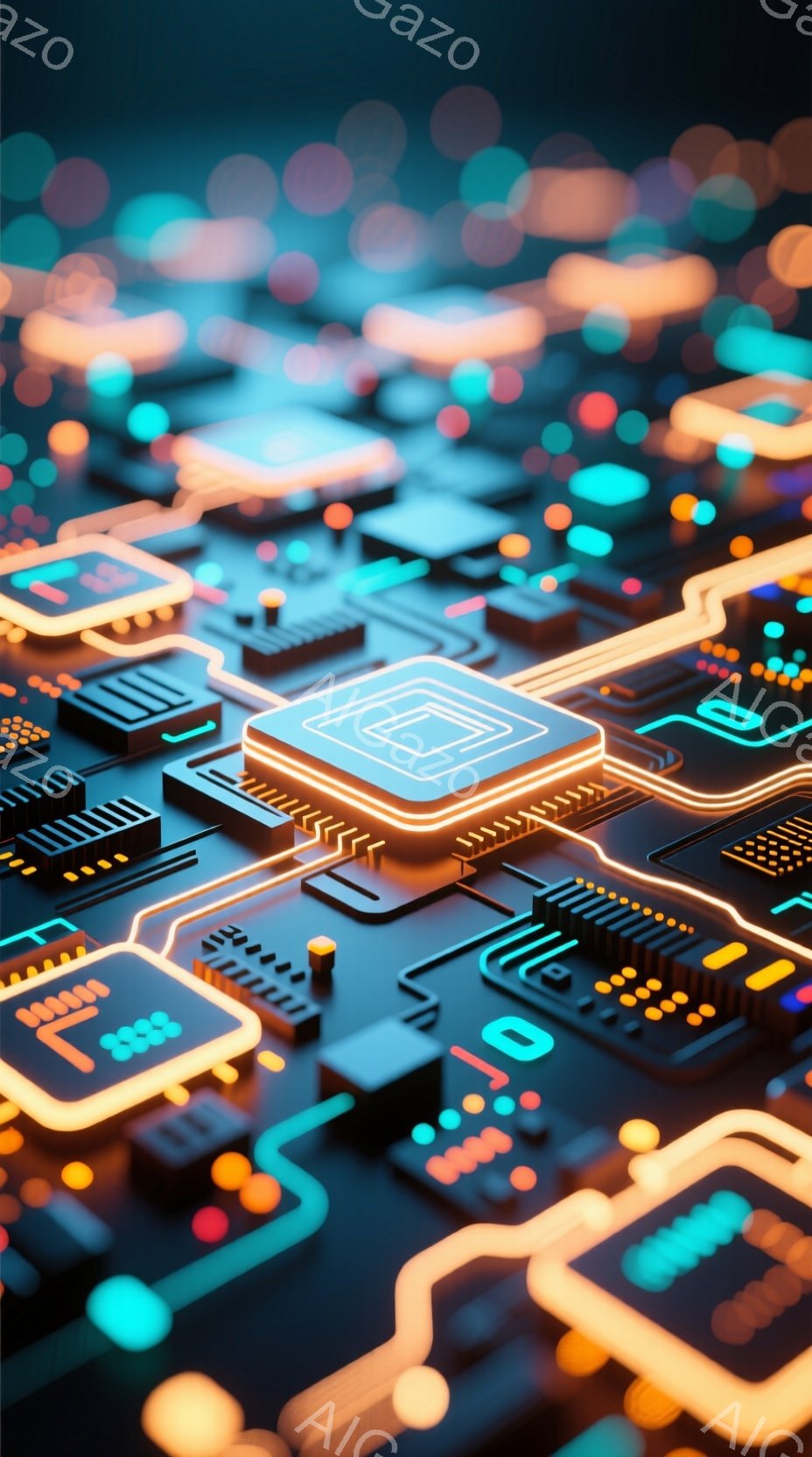 この画像は、未来的な回路基板のクローズアップです。オレンジ色と青色のネオンライトが光り、複雑な電子回路が立体的に配置されています。全体的に、技術革新とデジタル世界の先進性を表す、鮮やかで未来的な雰囲気 - AI生成フリー素材