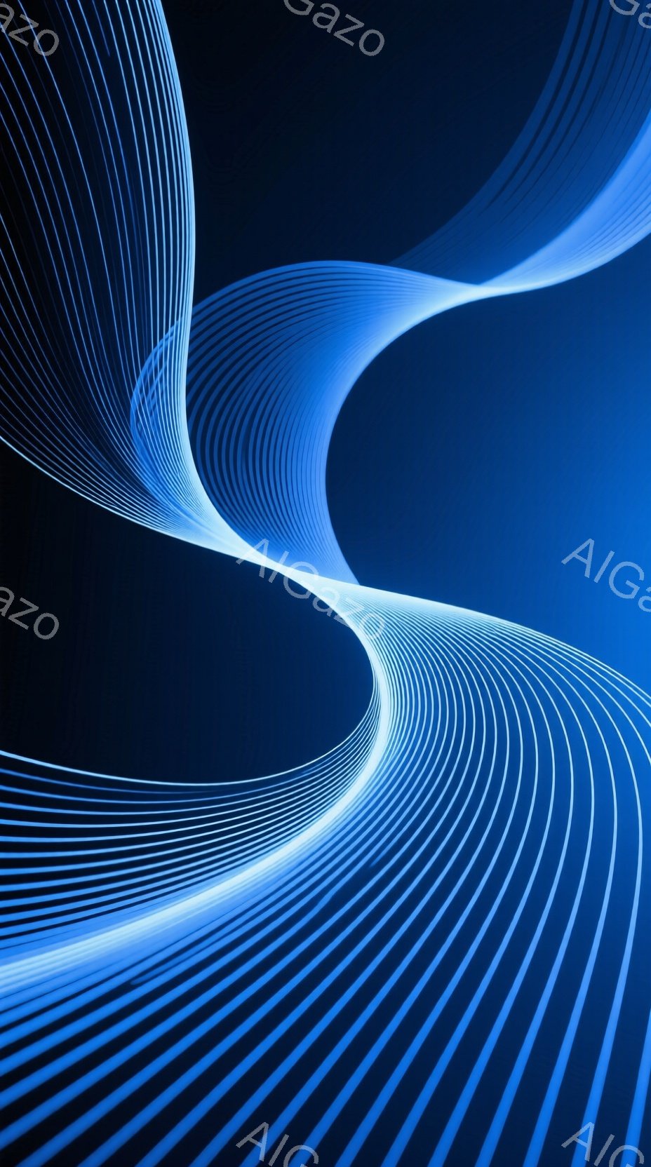 鮮やかな青色の光の線が、まるでエネルギーの流れのように曲線を描き、空間を満たしている。これらの線は互いに平行で、徐々にねじれながら、未来的な印象を与える抽象的な模様を形成している。暗い背景とのコントラ - AI生成フリー素材