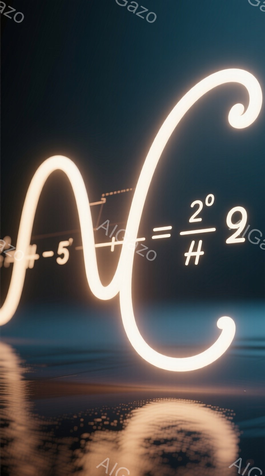 光沢のある白い曲線が、暗い青と紫のグラデーションの背景に浮かび上がり、複雑な数学的な方程式「-5 + 2/9」を含んでいます。下部には、ぼやけた黄金色の光が水面のように反射し、曲線と方程式を強調しています。全体的に、幻想的で知的な雰囲気を醸し出しており、まるで抽象的な概念が具現化されたかのようです。