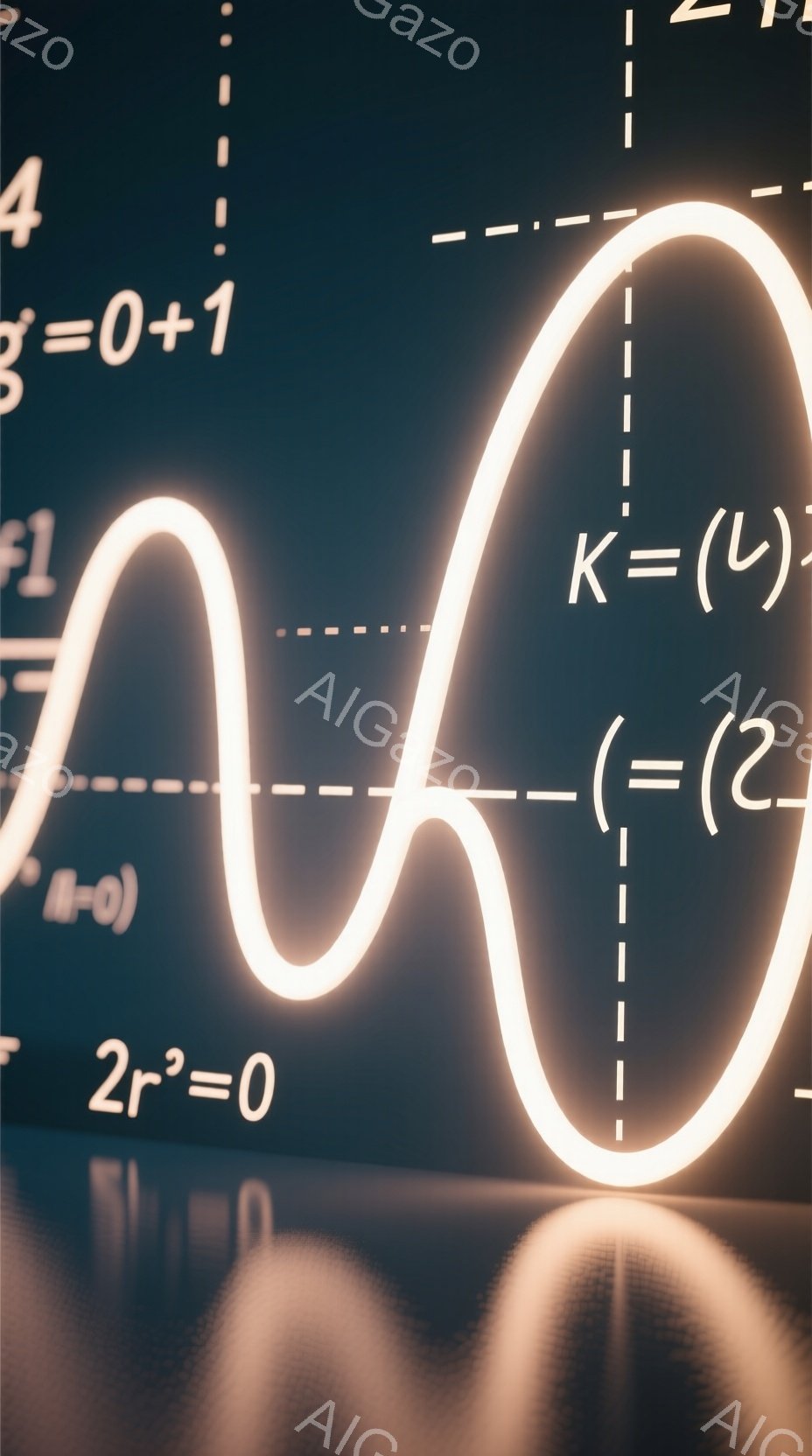 この画像は、暗い背景に光る波形の線と、ぼやけた数式が書かれたものが映っています。波形は明るい白色で、数式は背景に溶け込むようにぼやけており、科学的な雰囲気を醸し出しています。全体的に神秘的で知的な印象を与える画像です。