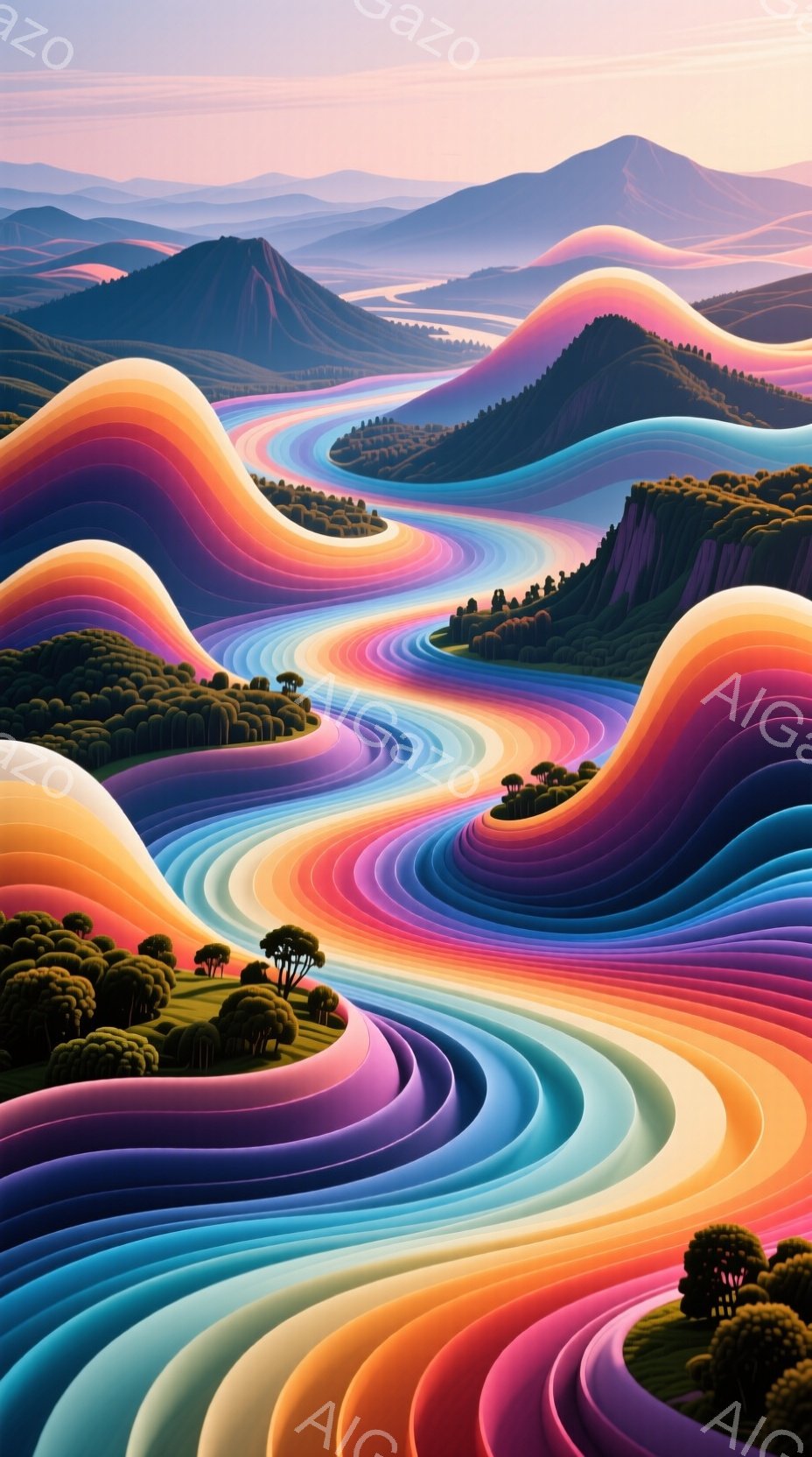 カラフルな波のような丘が連なり、その上に緑の木々が点在する幻想的な風景です。丘は赤、オレンジ、黄色、緑、青、紫と鮮やかな色合いで構成され、まるで万華鏡のような印象を与えます。遠方には薄紫色の山々がそびえ立ち、空は明るい色調で穏やかな雰囲気を醸し出しています。