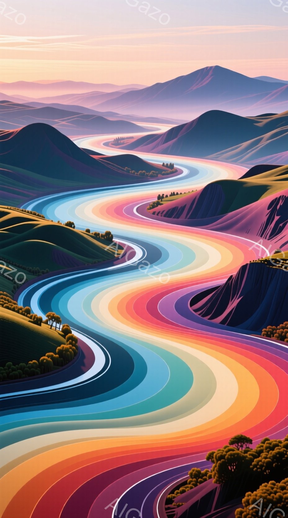 カラフルな層状の道が、緑豊かな丘陵地帯を縫うように蛇行している風景です。道は赤、オレンジ、黄色、緑、青、紫と色彩豊かに変化し、遠くには霞んだ山々が連なっています。全体的に鮮やかで幻想的な雰囲気が漂い、まるで夢の中の風景のようです。