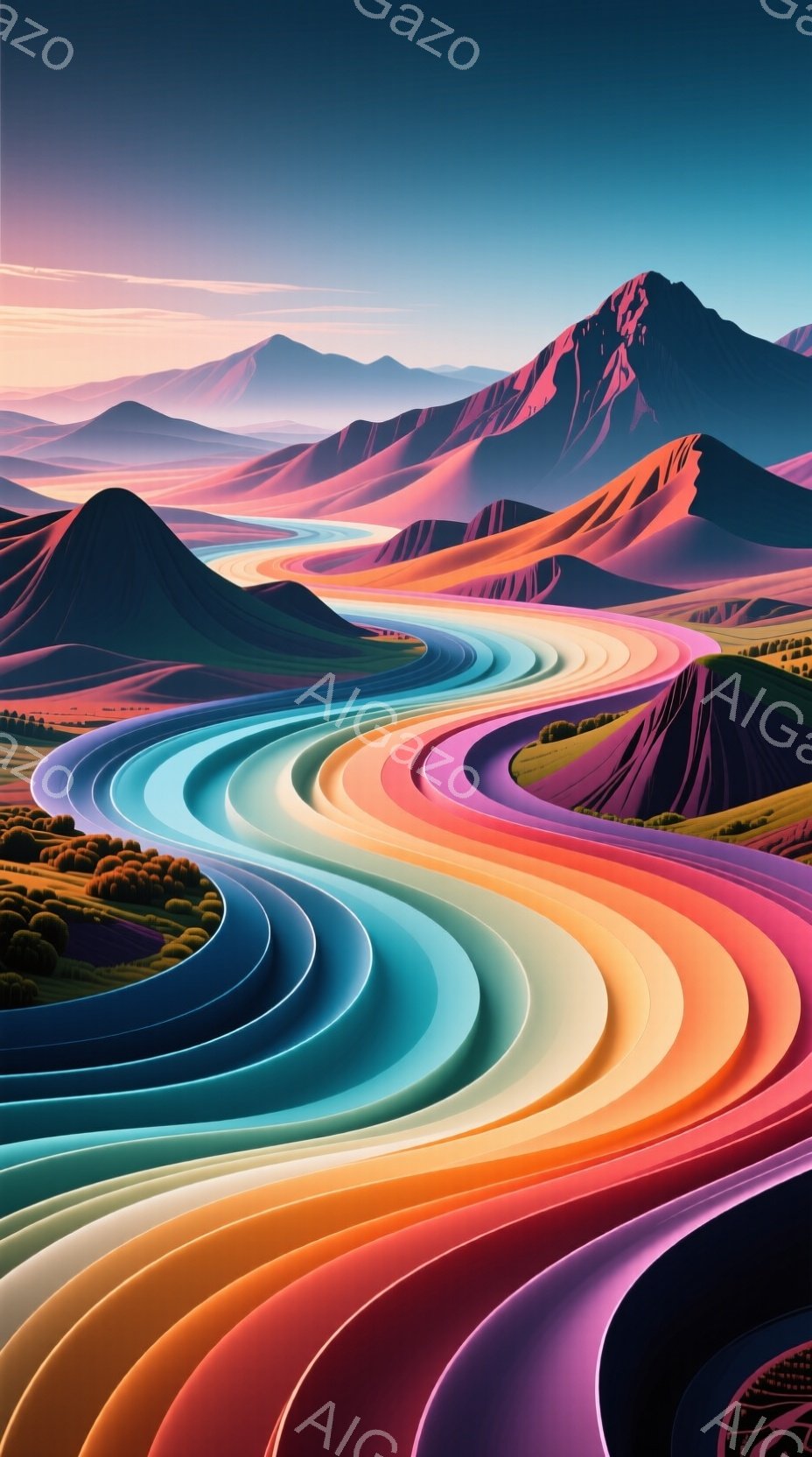 カラフルな層状の丘陵地帯が印象的な風景です。まるで幾重にも重なったリボンが連なるように、赤、オレンジ、黄色、緑、青、紫といった鮮やかな色が丘を彩っています。背景には、シルエット状の山々が連なり、穏やかで幻想的な雰囲気を醸し出しています。