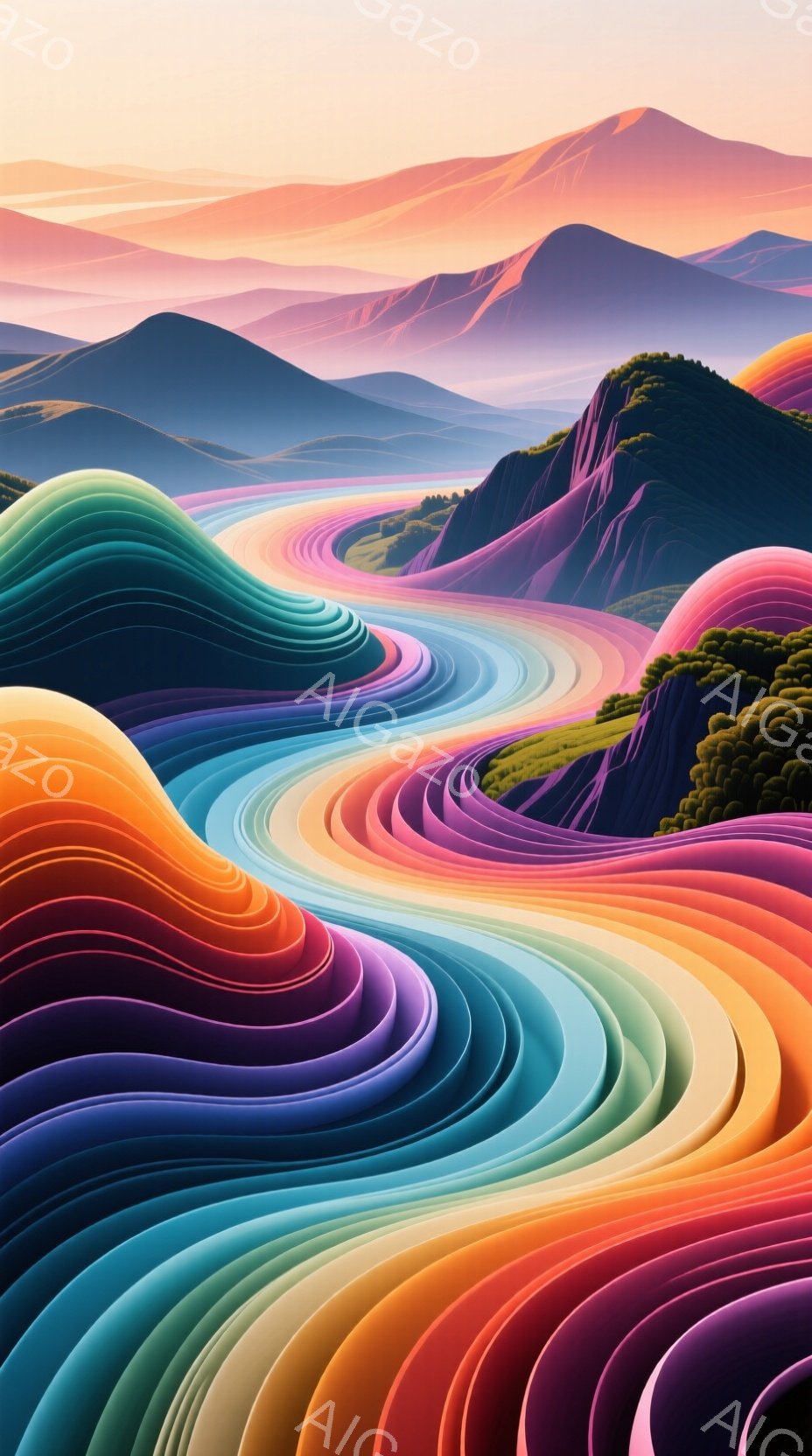カラフルな帯のような曲線が幾重にも重なり、まるで万華鏡のような視覚効果を生み出している風景です。遠景には、緑豊かな丘陵と、淡いピンク色とオレンジ色が混ざり合った空が広がっており、幻想的で夢のような雰囲気を醸し出しています。全体的に滑らかで流れるようなラインが特徴で、見る人に安らぎと喜びを与える印象です。