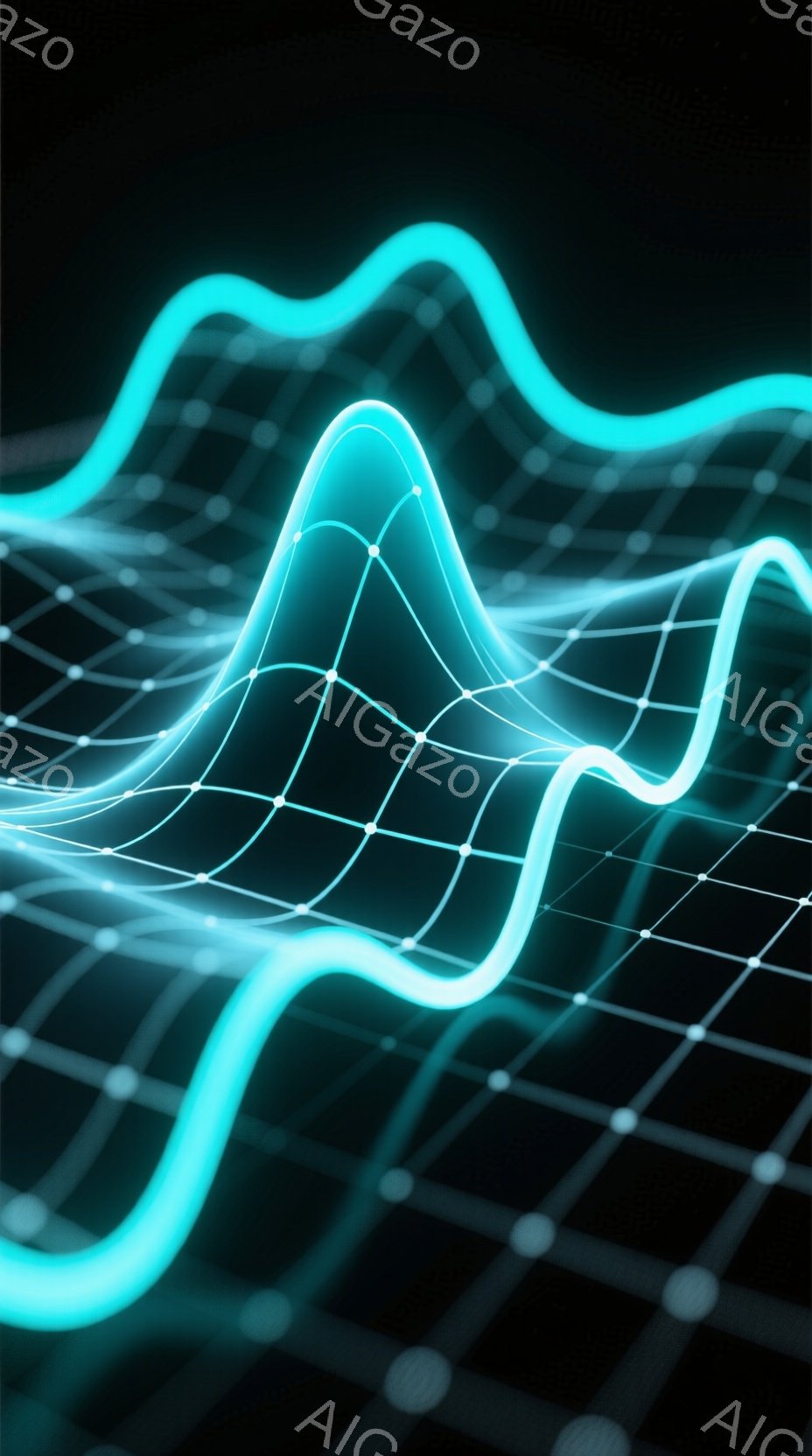 この画像は、暗い背景に青い光の線が複雑に絡み合い、波のような形を描いています。光の線は点線で結ばれており、まるでエネルギーの流れやデジタルネットワークの視覚化のようです。全体的に未来的な印象を与え、科 - AI生成フリー素材