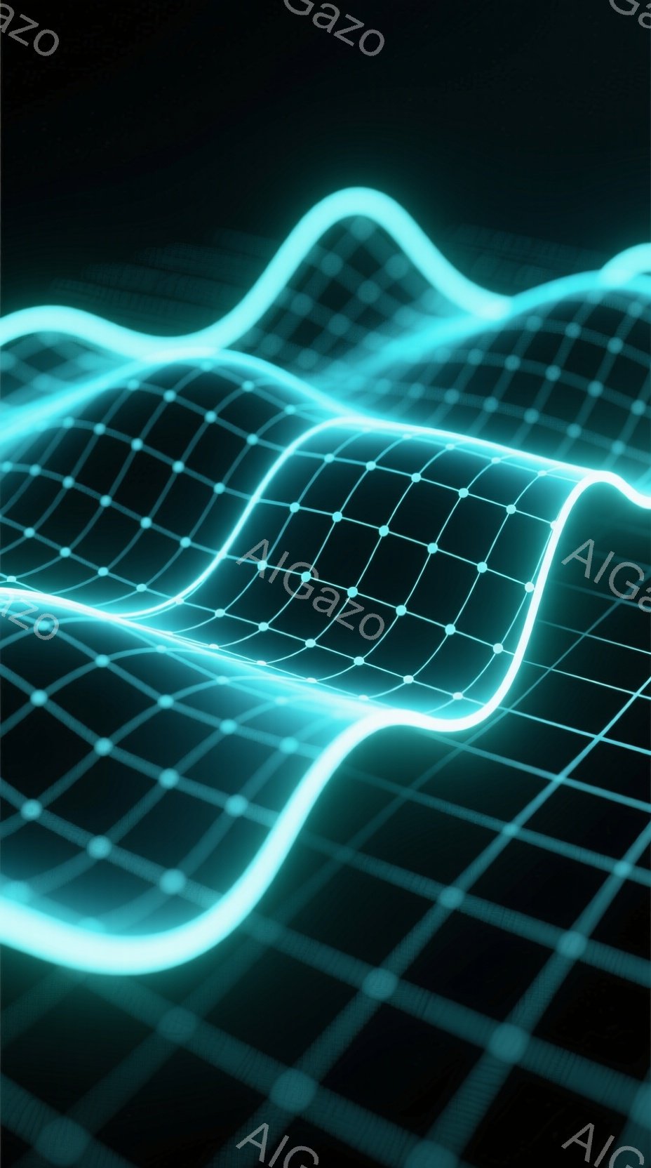 鮮やかな青色の光の線が、暗い背景に網目状の構造を形成しています。線は波打つように曲がり、未来的なエネルギーの流れやデジタル空間を連想させます。全体的に、神秘的でテクノロジーを感じさせる雰囲気です。 - AI生成フリー素材