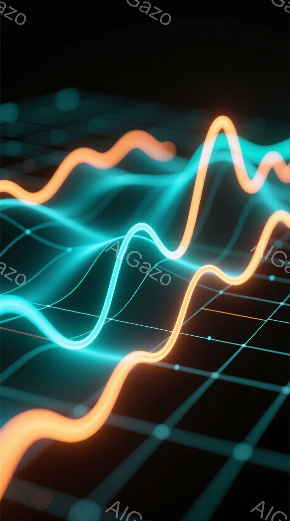 この画像は、暗い背景にグリッド状の線が広がり、その上にオレンジとターコイズブルーの光の線が波打つように流れています。光線は起伏のあるグラフや波形のような形をしており、まるでエネルギーの流れやデータの視 - AI生成フリー素材