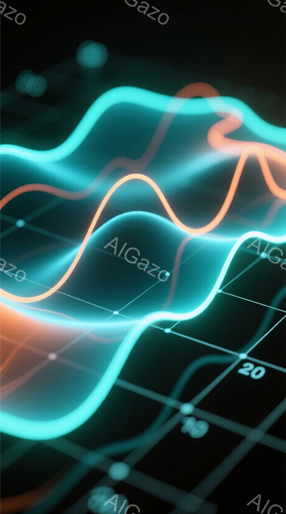 鮮やかなオレンジとターコイズブルーの線が、暗い背景に格子状のパターンと共に浮かび上がっています。線は流れるような曲線を描き、まるでエネルギーの流れやデータ可視化を表現しているかのようです。全体的に未来的な雰囲気で、科学技術やデジタルアートを想起させます。