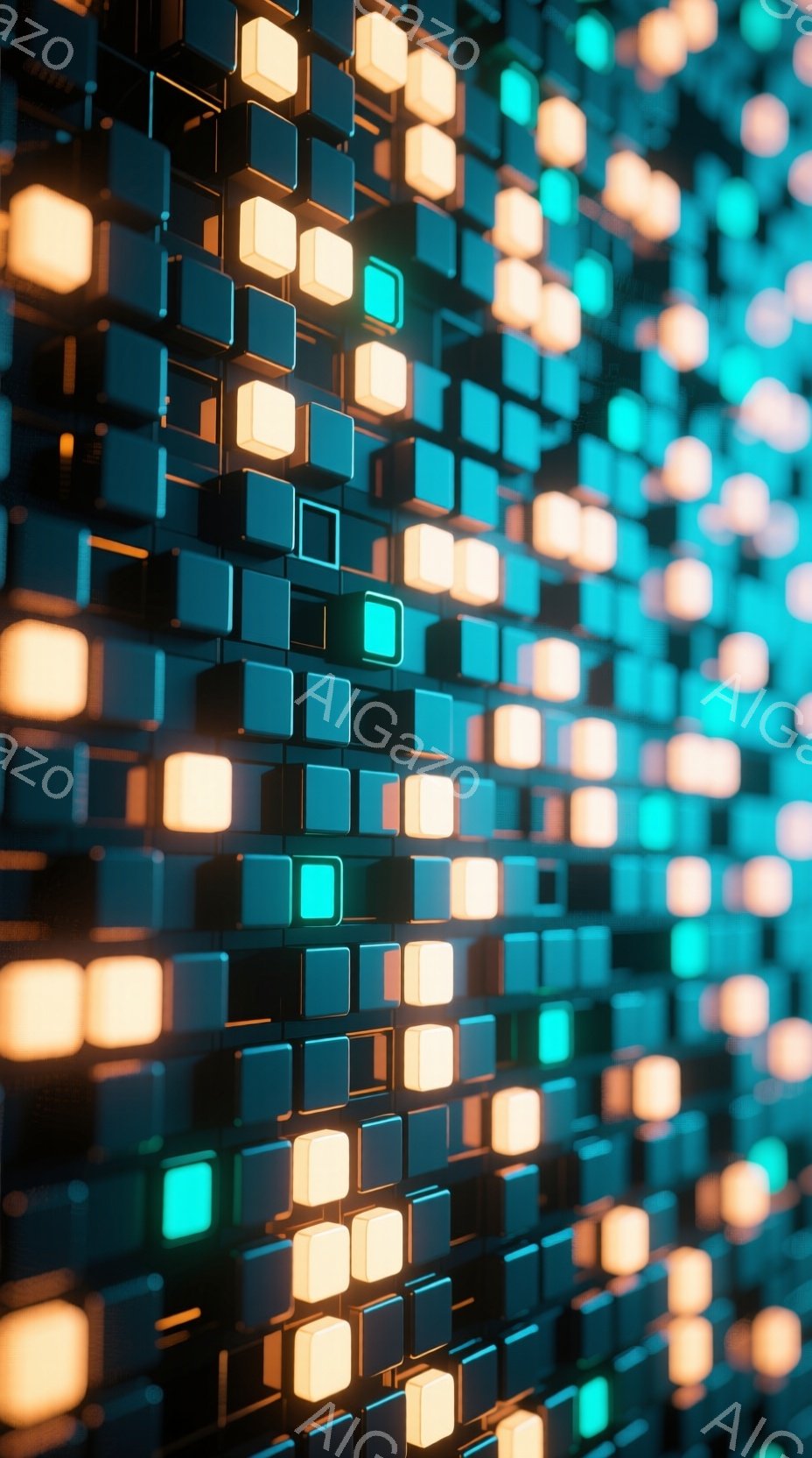 鮮やかなオレンジとターコイズブルーの立方体が無数に並んだ、まるでデジタルな壁のような画像です。各立方体は内部から発光しており、全体的に未来的な雰囲気と奥行きを感じさせます。幾何学的な配置と発光によって、抽象的でありながらも視覚的に訴えかける印象的な光景を作り出しています。