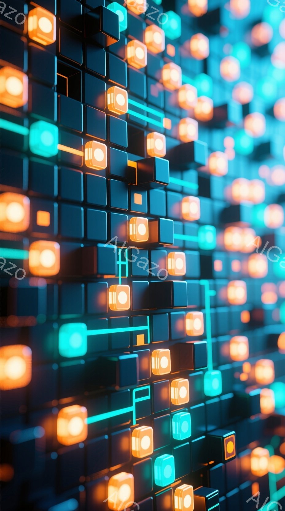 鮮やかなオレンジとターコイズブルーの光る立方体が、整然と並んで構成された抽象的な背景です。立方体は互いに接続され、未来的な回路やネットワークを連想させます。光の強弱と色のコントラストが、奥行きと視覚的な面白さを生み出しています。