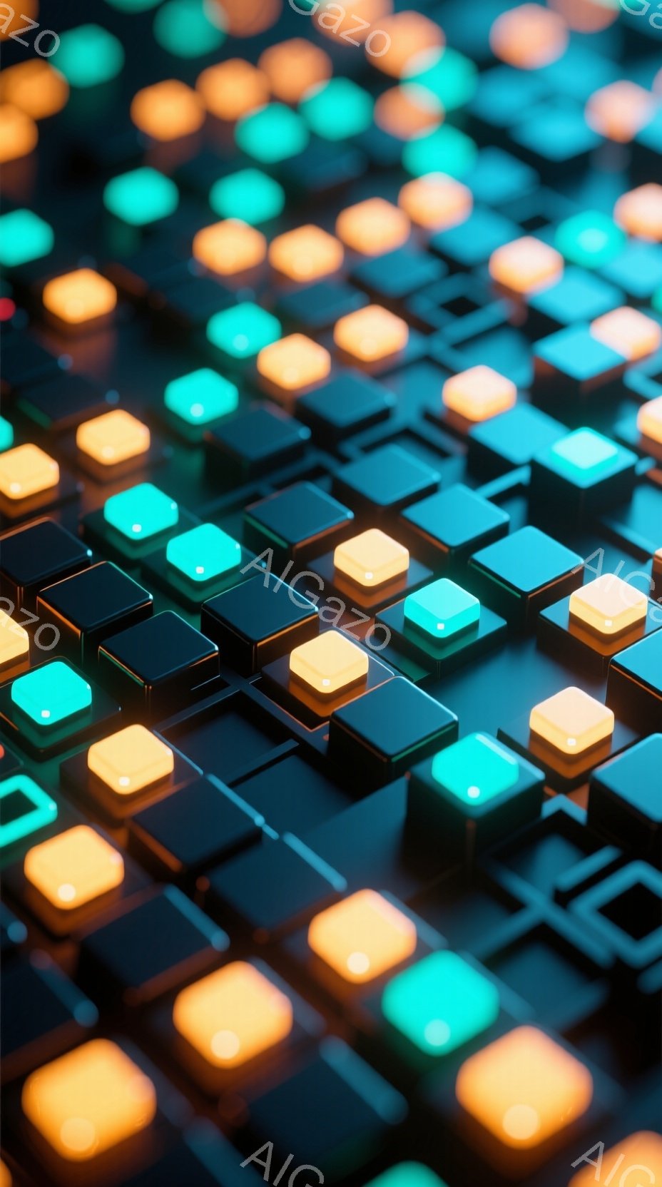 この画像は、光沢のある黒い立方体が規則的に配置された、未来的で抽象的な表面を捉えています。オレンジとターコイズブルーの色合いで強調された立方体は、まるでデジタル回路やゲームのグリッドを思わせ、その光は未来的な雰囲気を醸し出しています。全体的に、シンプルでありながらも魅力的で、技術的な洗練と創造性を感じさせるイメージです。