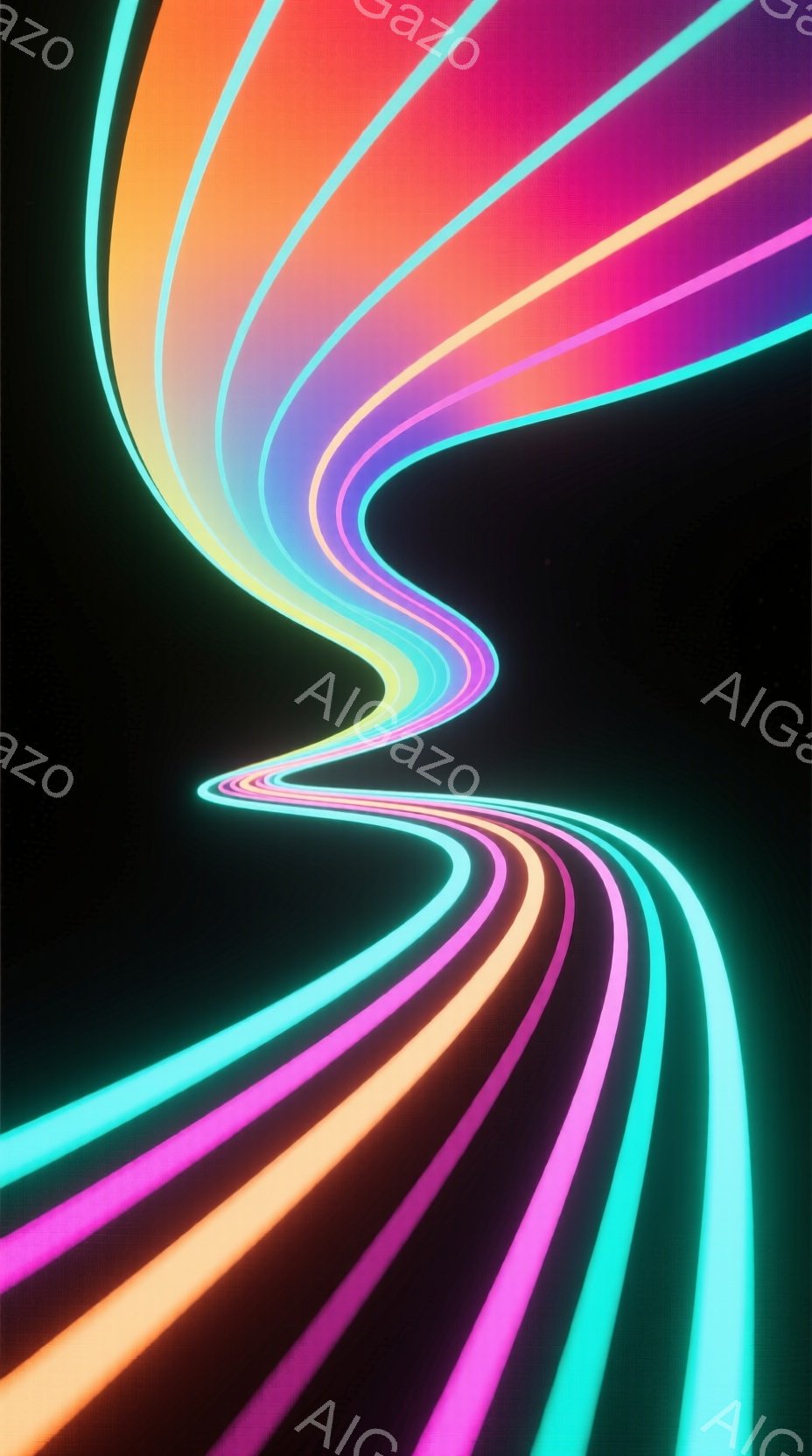 鮮やかなネオンカラーの帯が、暗い背景を曲線的に流れる様子が描かれています。ピンク、ターコイズ、オレンジ、紫といった色が重なり合い、未来的な光の軌跡を思わせる視覚効果を生み出しています。全体的に流動的で幻想的な雰囲気を醸し出し、夜空に光るオーロラのような印象を与えます。