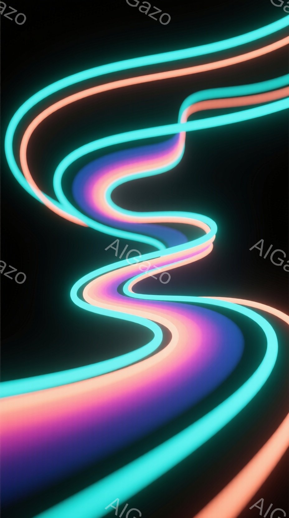 鮮やかなネオンカラーの光の帯が、黒い背景の中で流れるようにうねっています。ピンク、紫、ターコイズブルーが混ざり合い、未来的な印象を与えます。背景は完全に暗く、光の帯が際立って見えます。