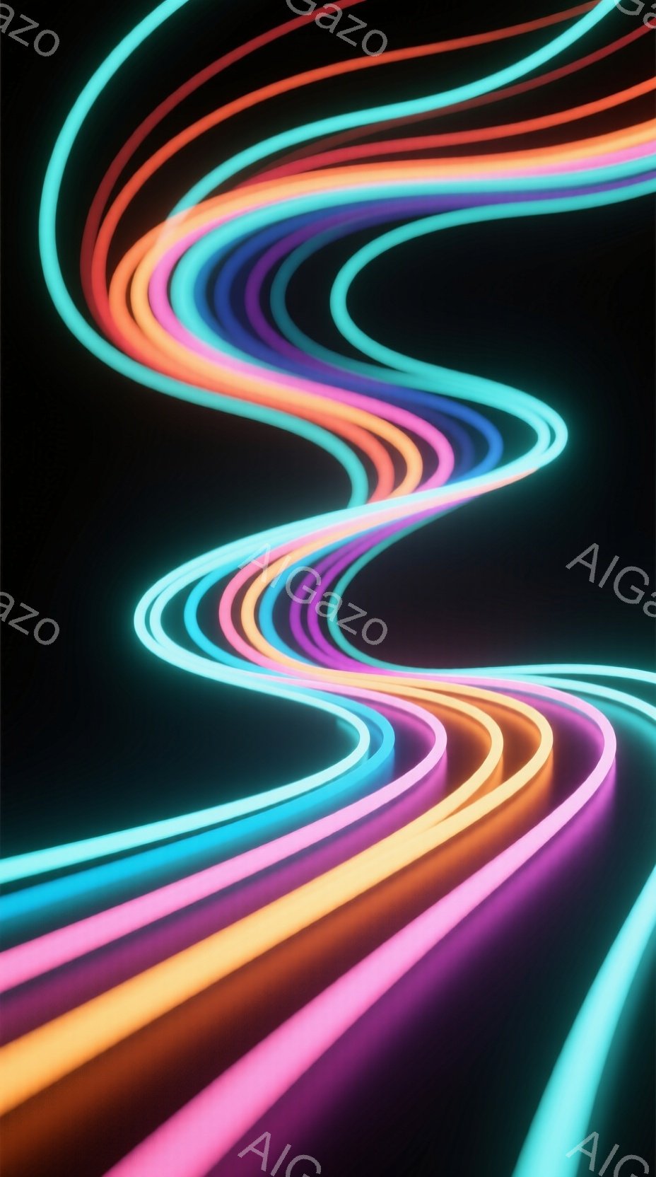 鮮やかなネオンカラーの帯が、黒い背景をねじれながら流れる様子が描かれています。ピンク、オレンジ、黄色、緑、水色などの色が重なり合い、未来的な光の軌跡を生み出しています。背景は完全な暗闇で、色のコントラストが際立ち、幻想的で躍動感のある雰囲気を醸し出しています。