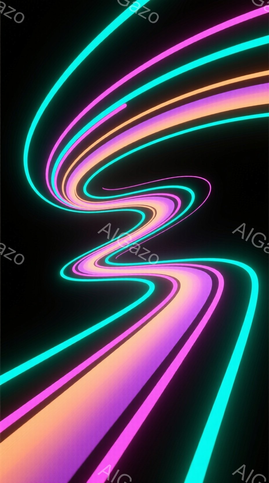 鮮やかなネオンカラーのラインが、黒い背景の上をうねるように流れています。ピンク、オレンジ、黄色、緑、青と色が変化し、まるで光の川のような幻想的な印象を与えます。背景は完全に黒で、ラインの鮮やかさを際立たせており、未来的な雰囲気を醸し出しています。