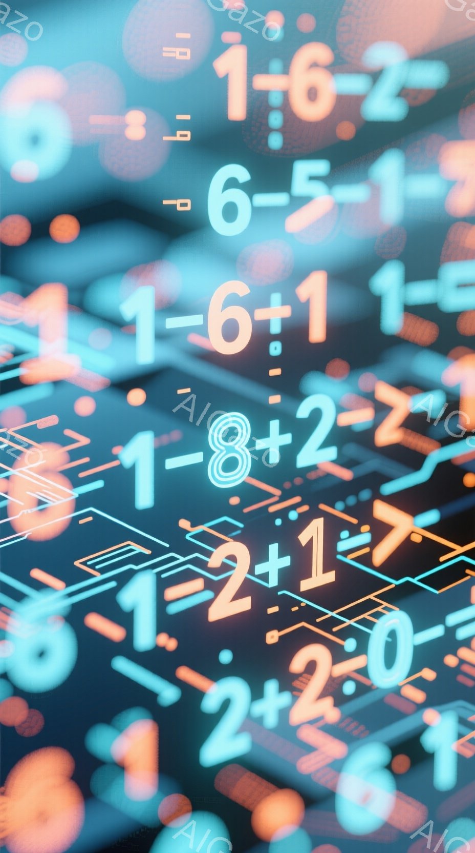 この画像は、鮮やかなオレンジと青色の光の粒子が多数散りばめられた抽象的な背景で構成されています。数学的な記号（足し算、引き算、イコールなど）が光の粒子と共に浮かび上がり、未来的な印象を与えます。全体的 - AI生成フリー素材
