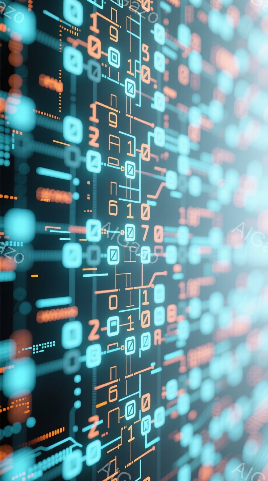 この画像は、鮮やかな緑とオレンジのデジタル回路のようなパターンが背景いっぱいに広がっています。数字や記号が光の線で繋がれており、まるでコンピューター内部のデータストリームが可視化されたかのようです。全 - AI生成フリー素材