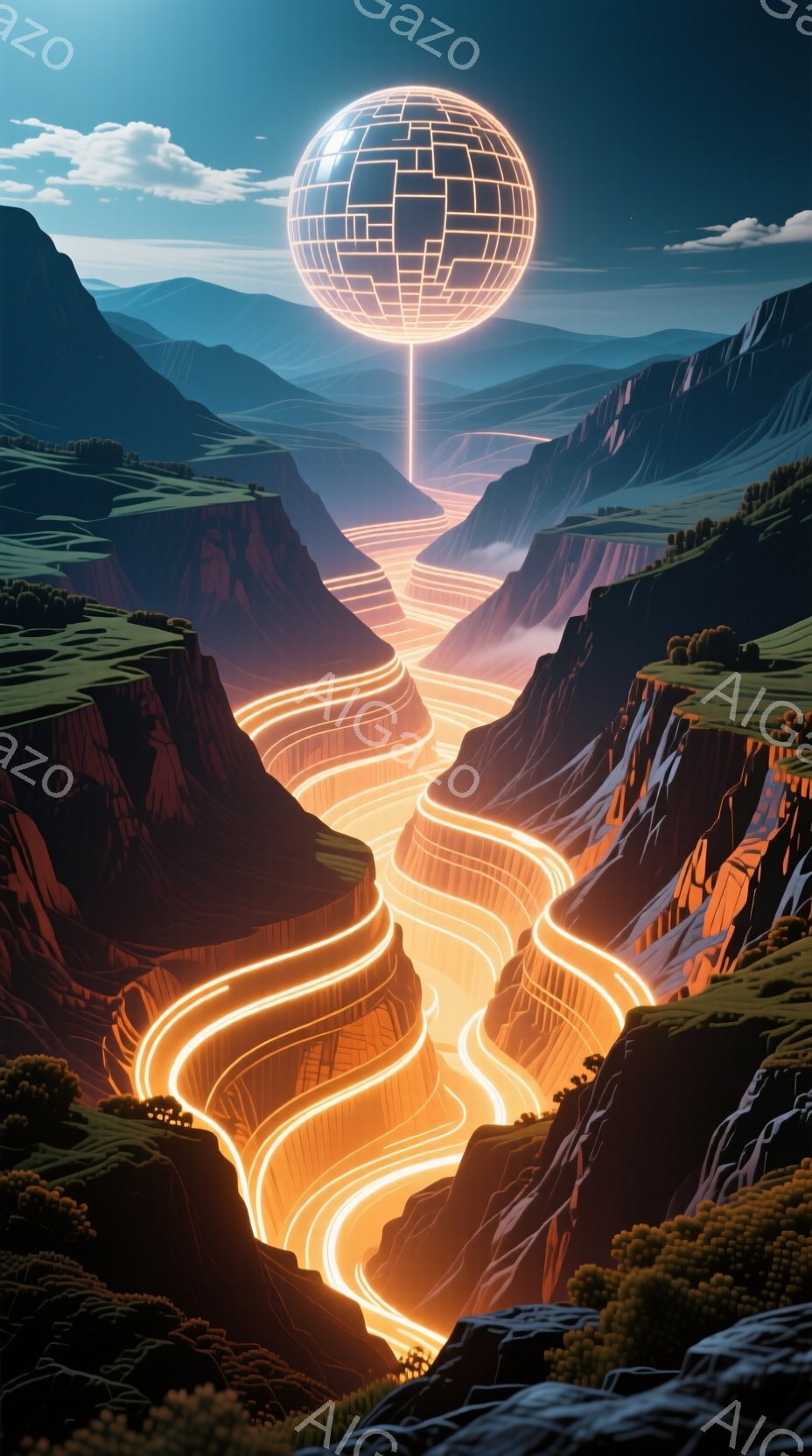 険しい峡谷が広がり、オレンジ色の光の筋が蛇行して谷底を流れています。空には複雑な線で構成された発光する球体が浮かび、峡谷の中心に光を集中させています。 全体的に神秘的で未来的な雰囲気であり、自然とテクノロジーが融合した世界観が表現されています。