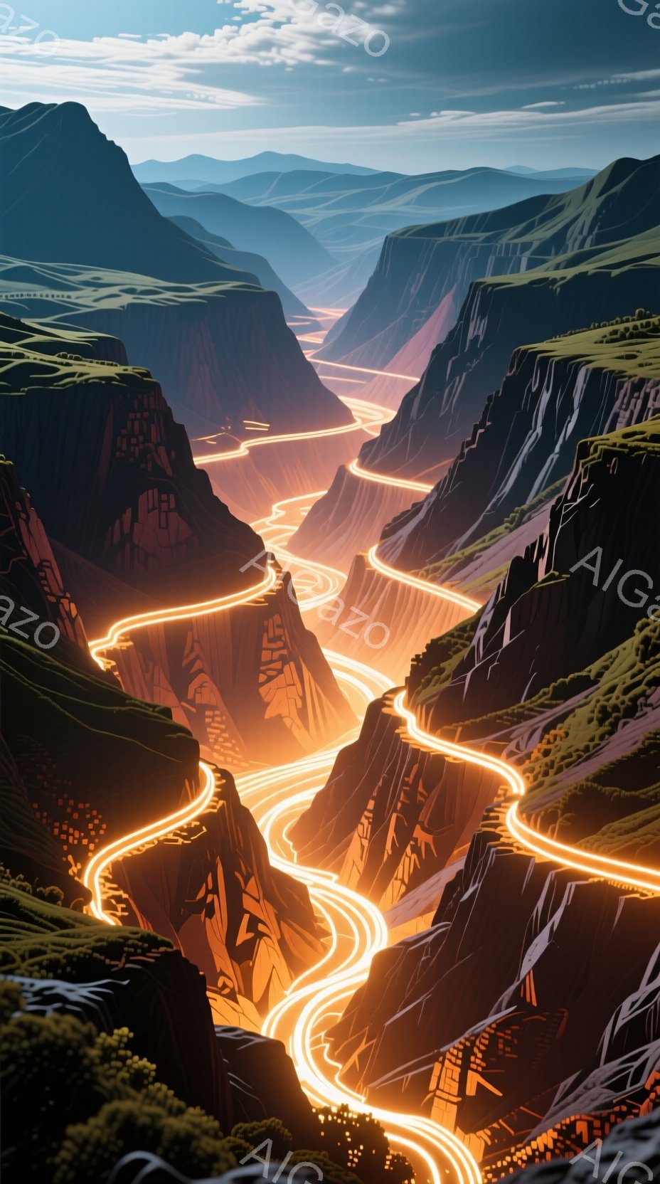 険しい岩肌の峡谷が広がり、その中心を蛇行する光の帯が印象的な風景です。夕焼けのような暖色系の光が峡谷全体を照らし、神秘的で幻想的な雰囲気を醸し出しています。遠くに見える山々や自然の起伏が、雄大で壮大なスケール感を強調しています。