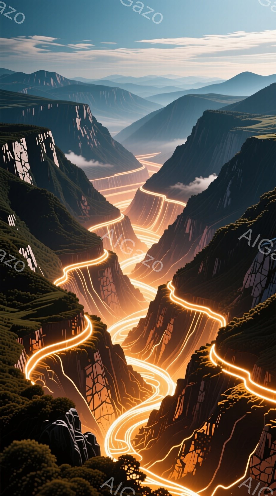 険しい岩肌の谷間に、光の帯が蛇行して流れる幻想的な風景が描かれている。深い緑の森林に囲まれ、谷の奥へと続く光は、まるで未来都市への道のような印象を与える。全体的に神秘的で、静寂と躍動感が共存する雰囲気が漂っている。