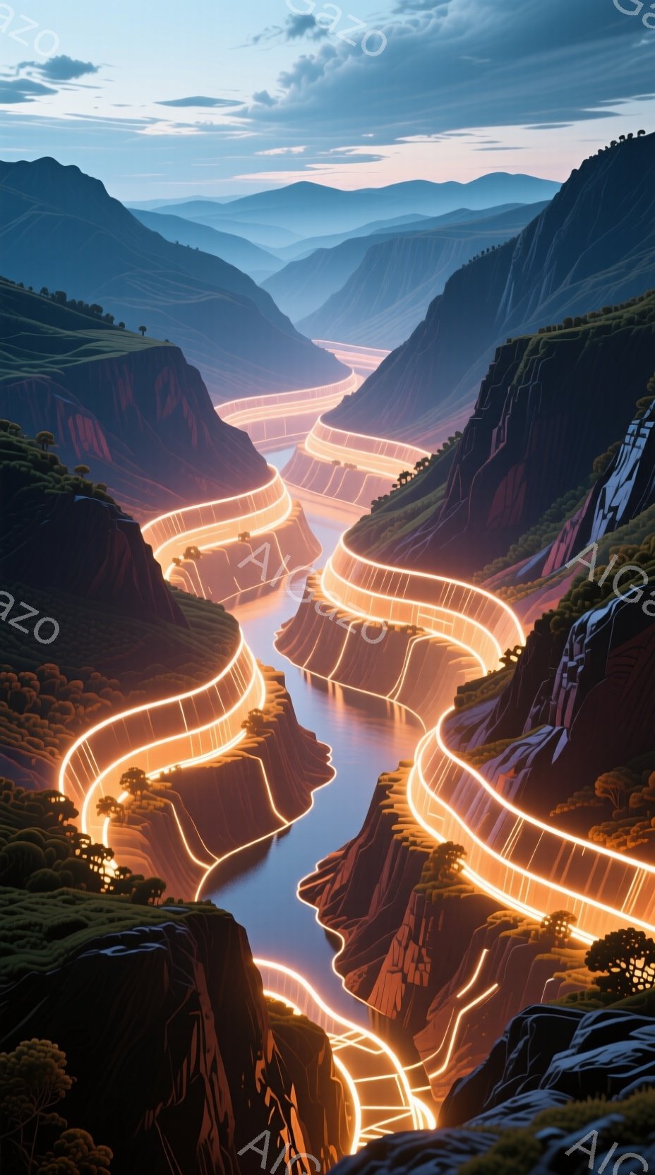 険しい峡谷の中に、明るいオレンジ色の光の線で構成された女性の横顔が浮かび上がっている。周囲は岩肌の露出した山々が連なり、緑の木々が点在し、空は夕焼けのようなオレンジと紫の色合いで、神秘的な雰囲気を醸し出している。光の線は峡谷の地形に沿って女性の顔の輪郭を描き出し、自然と人工、有機的な美しさが融合した幻想的な光景を作り出している。