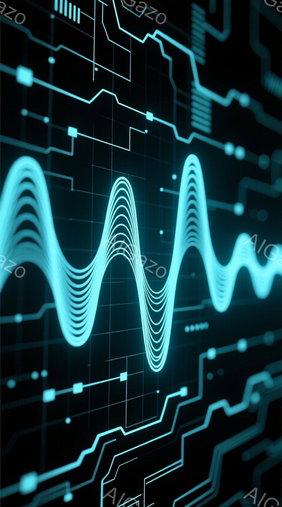 鮮やかなターコイズブルーの線が、暗い背景に複雑な電子回路のようなパターンを描いています。中央には、波形のような光の帯が力強く伸びており、まるで心電図や音響信号を連想させます。全体として、近未来的なテク - AI生成フリー素材