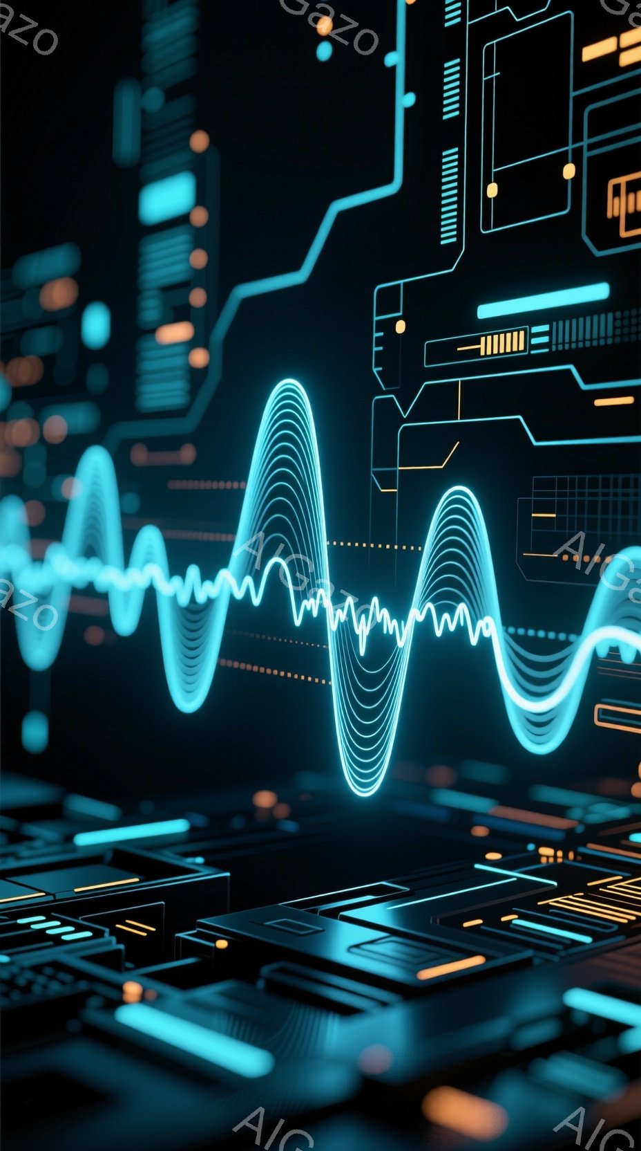 この画像は、暗い背景に青とオレンジの光が走る電子回路のような構造物を描いています。中央には、光る波形が強調され、まるで心電図や音響波の可視化のようです。全体的に未来的な雰囲気で、テクノロジーや科学の進 - AI生成フリー素材