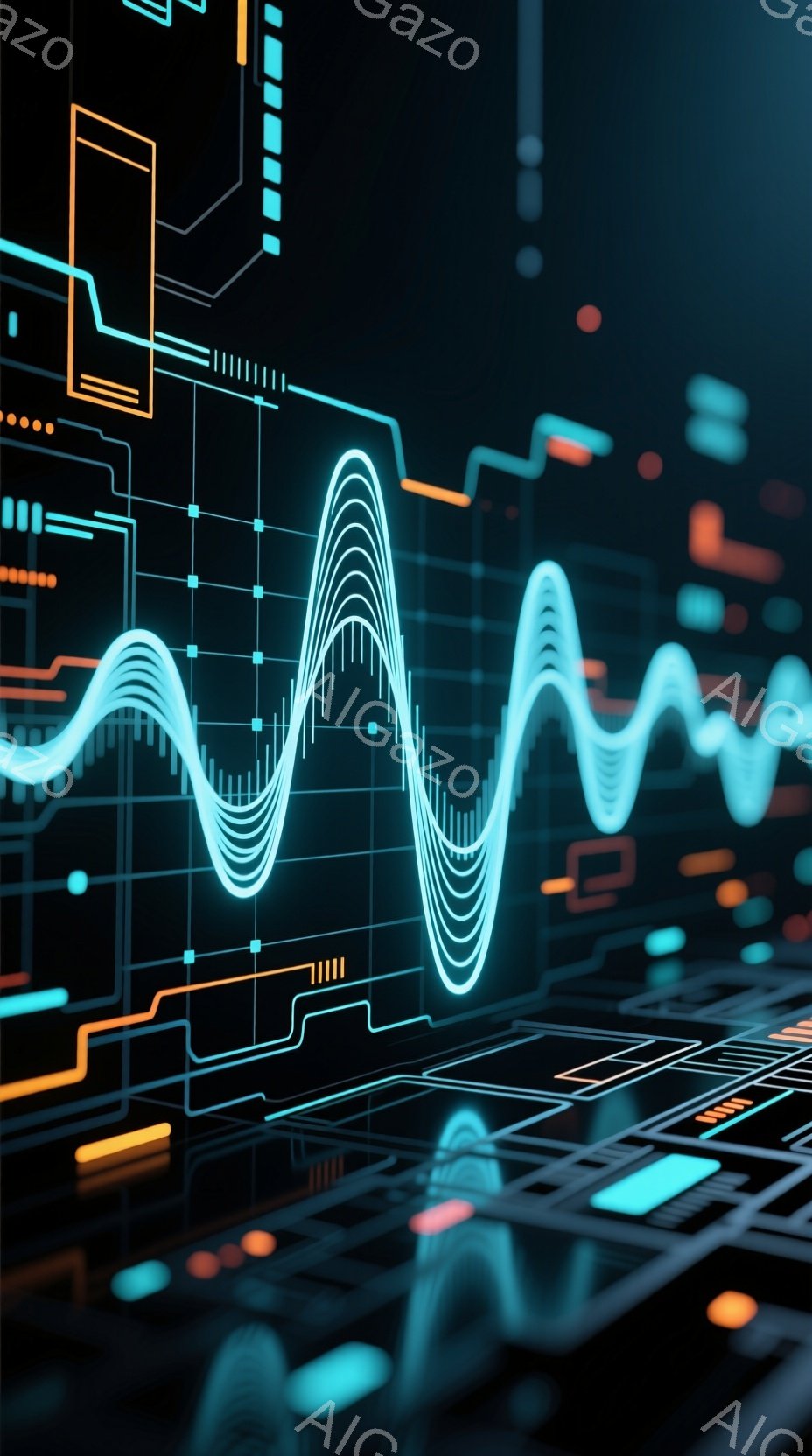 この画像は、暗い背景にネオンカラーの電子回路のような線と幾何学的な図形が浮かび上がっています。中心には、明るい青色の波形が強調され、まるでデータや信号の流れを視覚化したような印象を与えます。全体的に近 - AI生成フリー素材