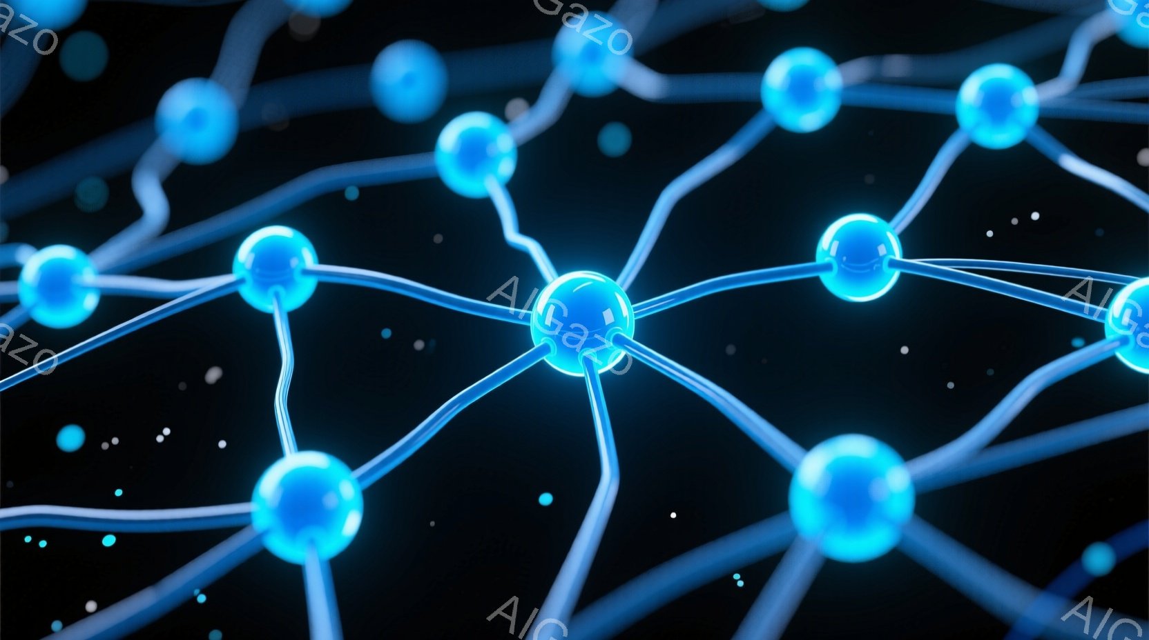 この画像は、暗い背景に青く光るネットワークの抽象的な表現です。球状のノードが光の線で接続され、まるで神経細胞やデータネットワークのような構造を形成しています。全体的に、未来的なテクノロジーや科学の進歩 - AI生成フリー素材