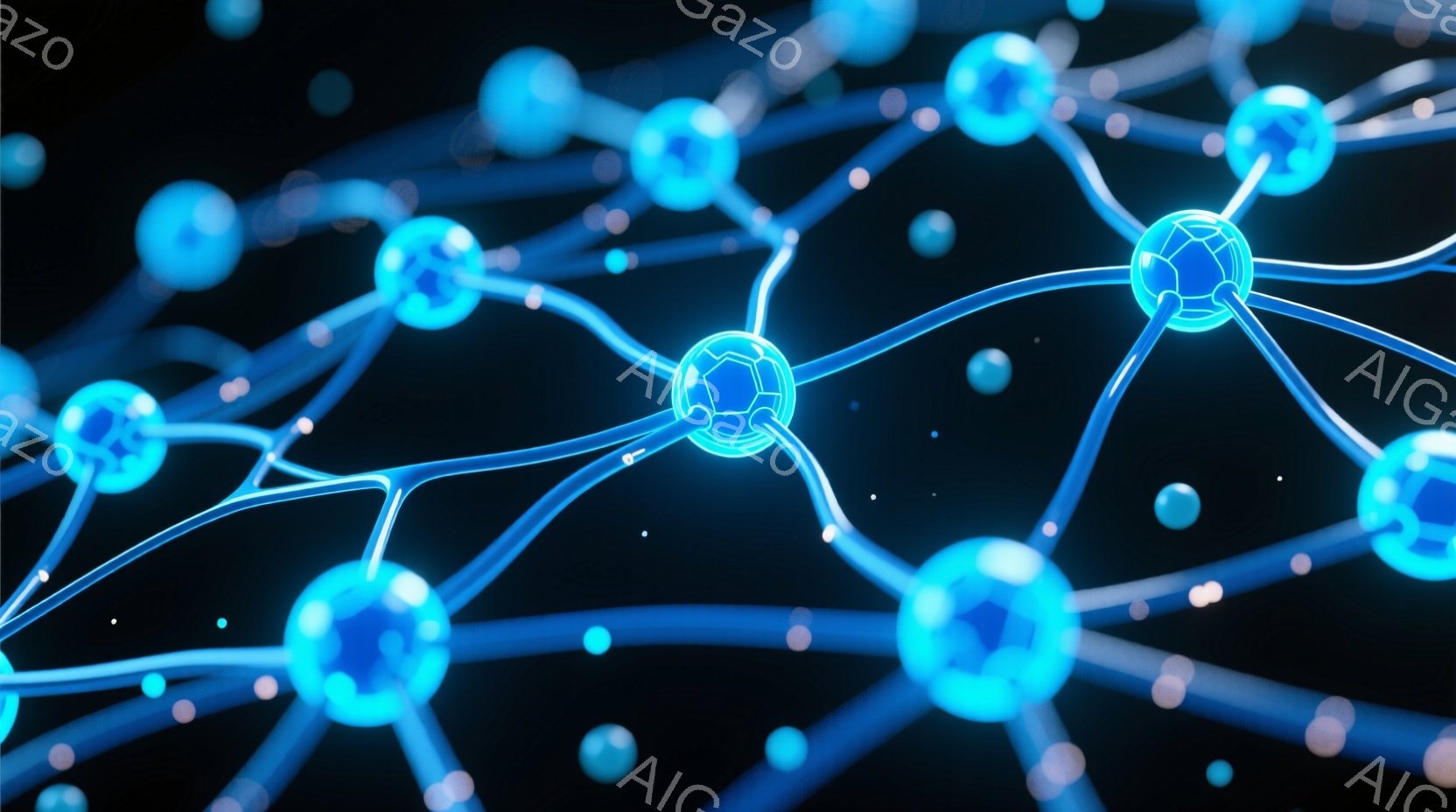 鮮やかな青色の光る球体と線が、暗い背景に浮かび上がっています。球体は複雑なネットワークを形成しており、まるで神経細胞やデータ接続のような印象を与えます。全体的に未来的な雰囲気で、科学技術や情報通信を連想させる視覚効果です。