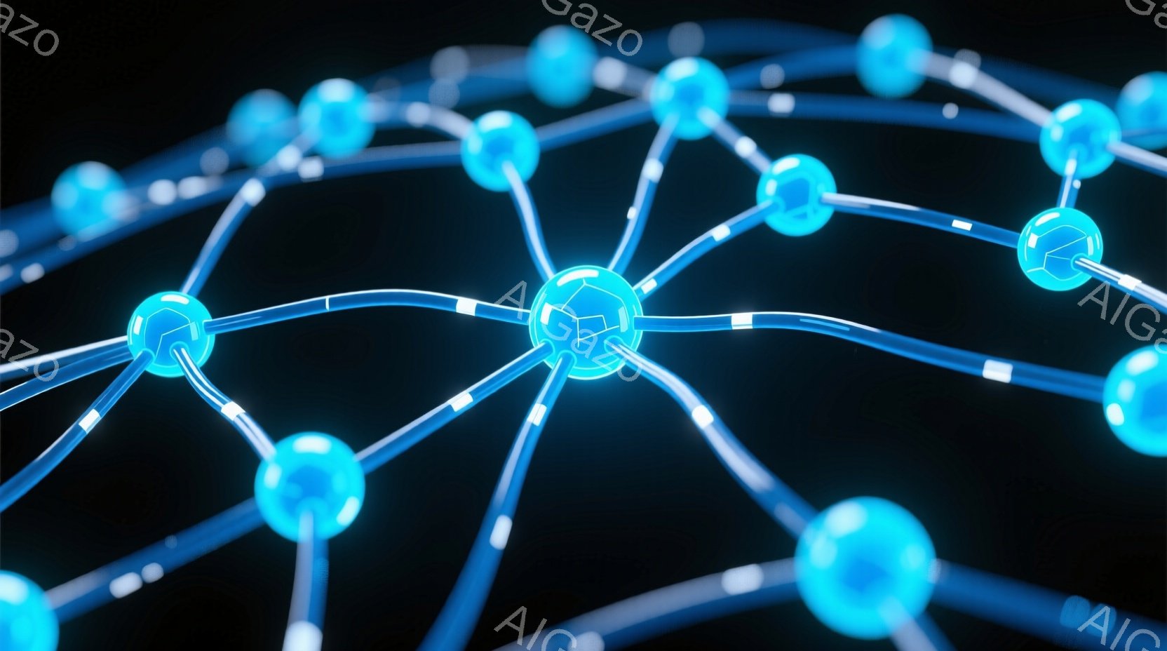 鮮やかな青色の光を放つ球体と線で構成されたネットワークが、暗い背景に浮かび上がっています。球体は互いに繋がり、複雑な構造を形成しており、まるで神経回路やデータ接続を視覚化したようです。全体的に未来的な雰囲気で、テクノロジーや科学を象徴するイメージです。