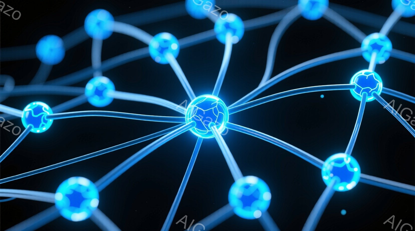 この画像は、暗い背景に浮かぶ、青く輝くネットワーク構造を描いています。球状のノードが細い線で接続されており、まるでニューラルネットワークやデータ通信の様子を想起させます。全体的に未来的な雰囲気で、科学技術やデジタル世界の概念を表現しているように見えます。