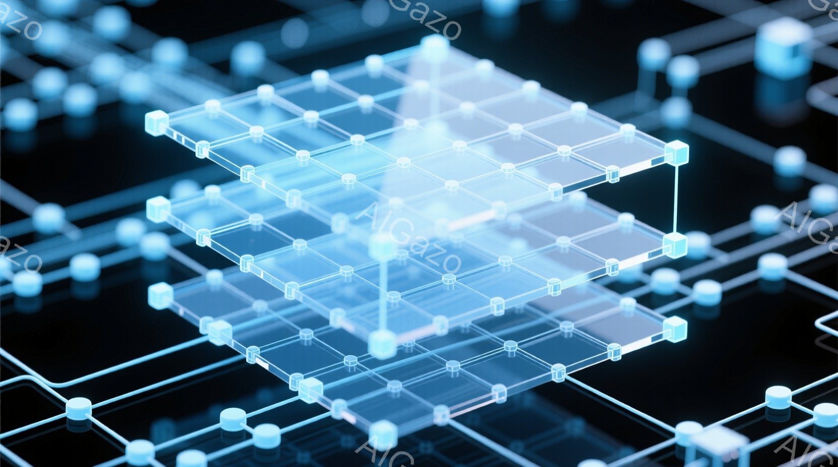 鮮やかな青色の光る線と球体で構成された、未来的なネットワークの構造が描かれています。複数の透明な立方体が線で繋がれ、まるでデータの流れを可視化したような印象を与えます。暗い背景が、光る構造を際立たせ、 - AI生成フリー素材