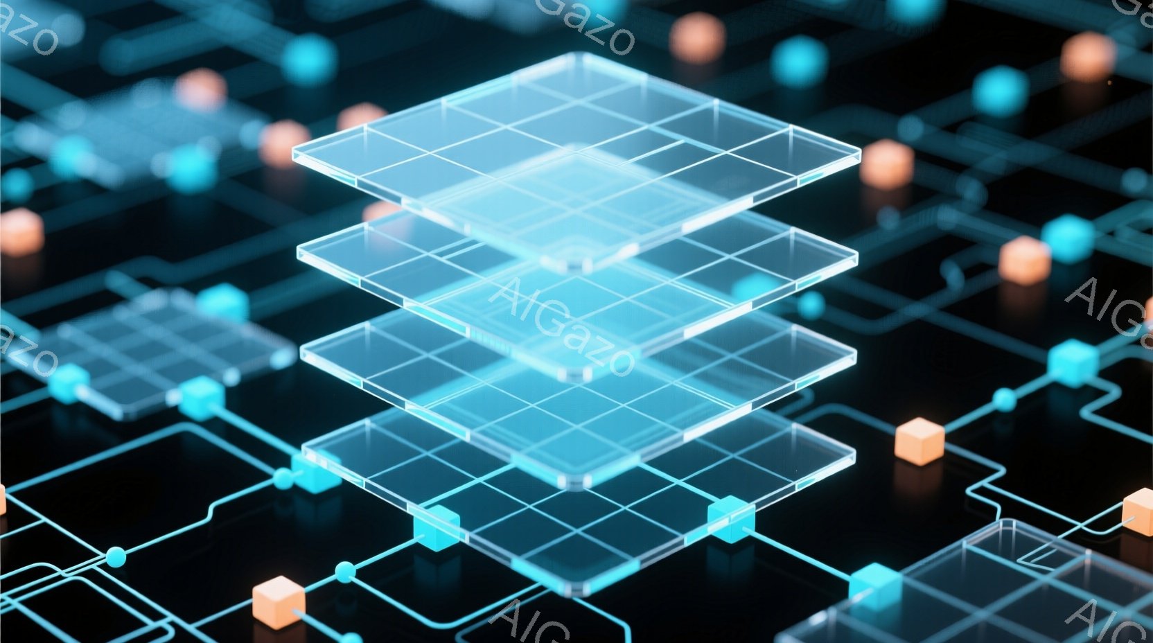この画像は、暗い背景の上に浮かぶ、半透明の青い立方体が積み重なった様子を描いています。立方体の周囲には、青とオレンジの小さな発光する立方体と線が複雑に繋がり、回路やネットワークのような模様を形成しています。全体的に未来的なデジタル空間を想起させる、クールでテクノロジー感溢れる雰囲気です。