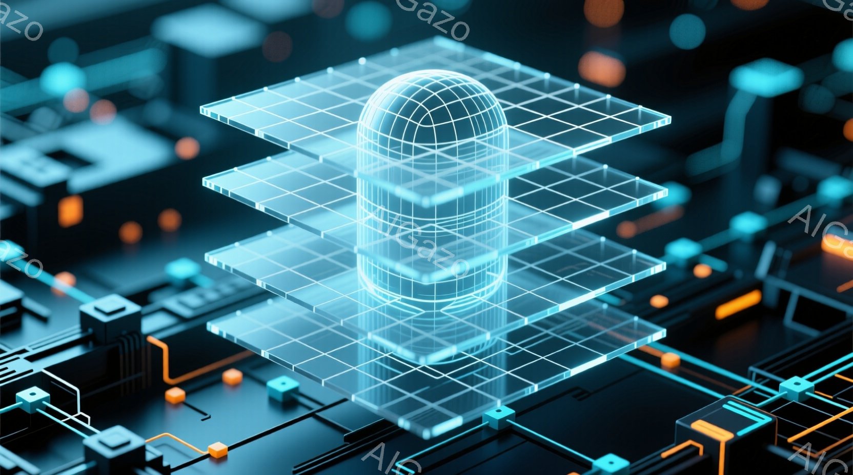 この画像は、複雑な回路基板の上に浮かぶ、半透明のワイヤーフレーム球体と複数の平面で構成された構造物を捉えています。基板にはオレンジ色のアクセントが加えられ、青色の発光ダイオードやその他の電子部品が配置されています。全体的に、未来的な技術とデジタル世界の抽象的な表現を感じさせる、クールでスタイリッシュな雰囲気です。