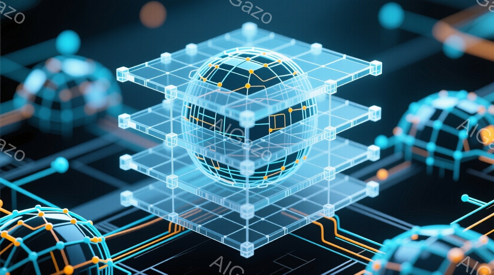 この画像は、透明な立方体の層に囲まれた地球儀を捉えています。地球儀と立方体は、明るいオレンジ色の線で接続された複雑なネットワークで結ばれています。背景には、同様のネットワーク化された球体が散らばっており、デジタル接続とデータフローの概念を示唆する未来的な雰囲気を作り出しています。