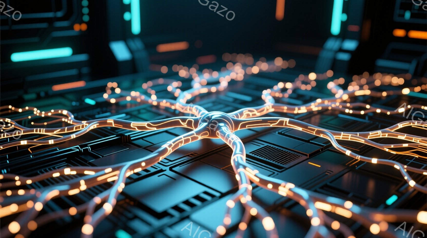 この画像は、未来的な回路基板を捉えたクローズアップです。鮮やかなオレンジ色の発光線が、複雑なネットワーク状に広がり、基板上に流れています。暗い背景と発光線のコントラストが、技術的で神秘的な雰囲気を醸し出しています。