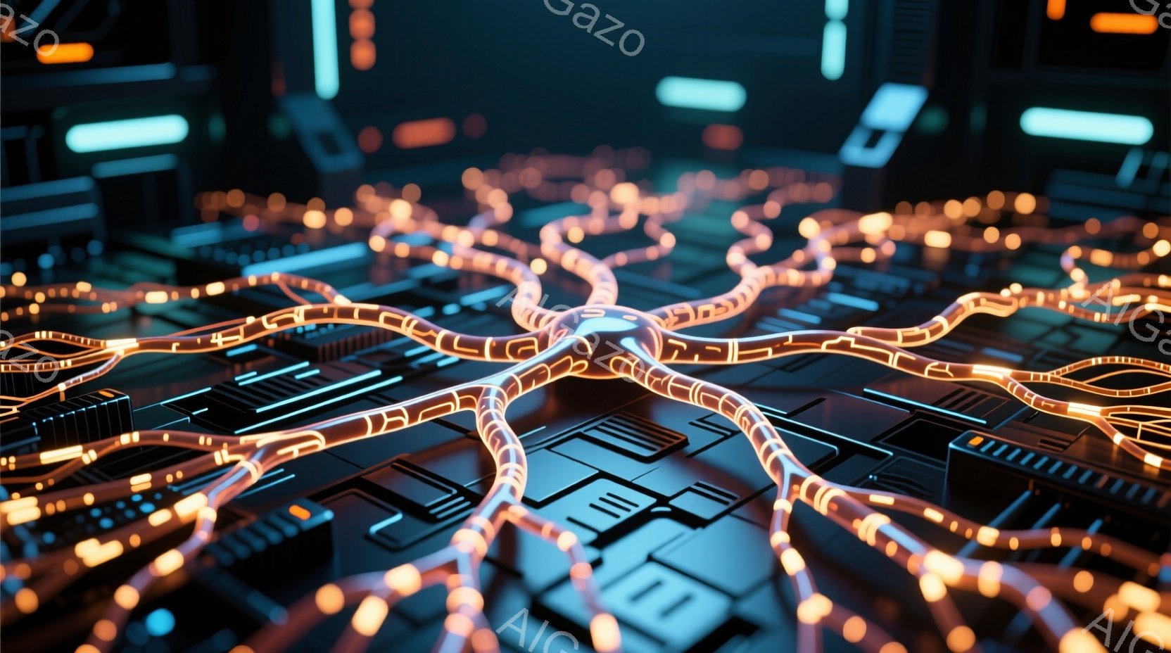 この画像は、光るオレンジ色の神経回路のようなものが、黒い電子基板上に複雑に広がっている様子を描写しています。基板には細かい電子部品が配置され、未来的なテクノロジーを感じさせます。全体的に暗い背景の中に - AI生成フリー素材