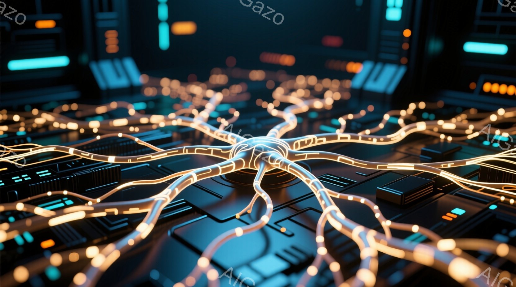 この画像は、暗い背景に複雑な光る回路網が描かれています。回路は中心点から放射状に広がり、電子基板上に複雑に絡み合って配置されています。鮮やかなオレンジと青色の光が、ハイテクで未来的な雰囲気を醸し出しています。