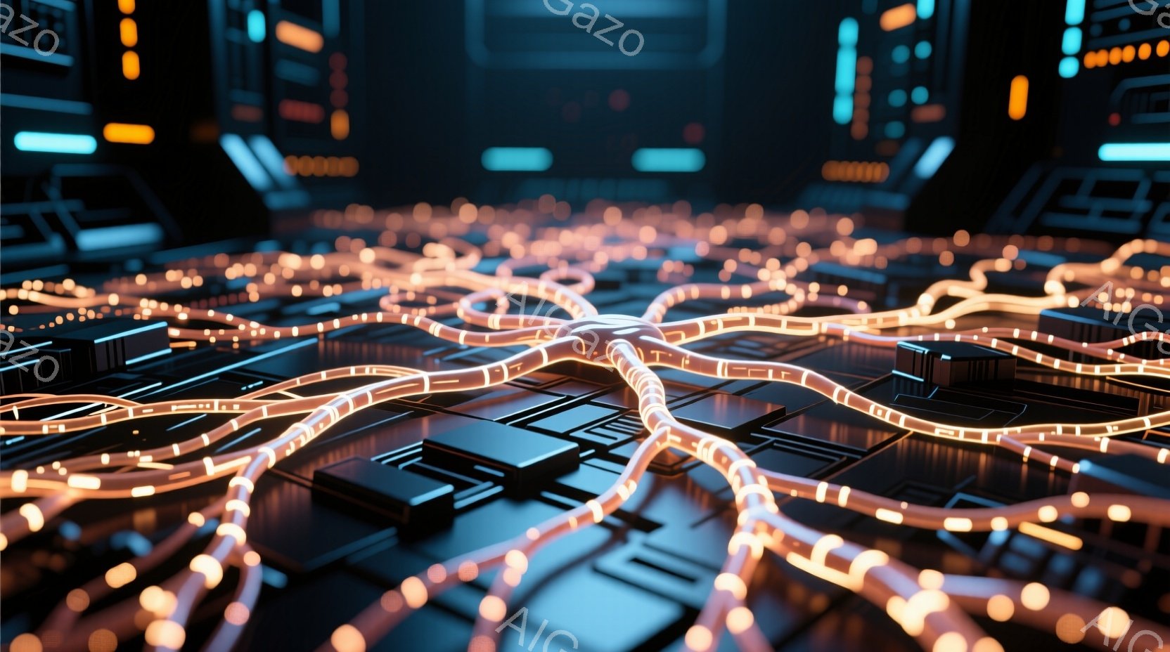 この画像は、暗い背景に複雑な回路が広がる様子を描いています。オレンジ色の光る線が、基板上に神経細胞のように網の目のように張り巡らされており、未来的な技術やネットワークの概念を想起させます。全体的に、鮮やかな色彩と緻密なディテールが、サイバーパンクやデジタル世界の雰囲気を醸し出しています。