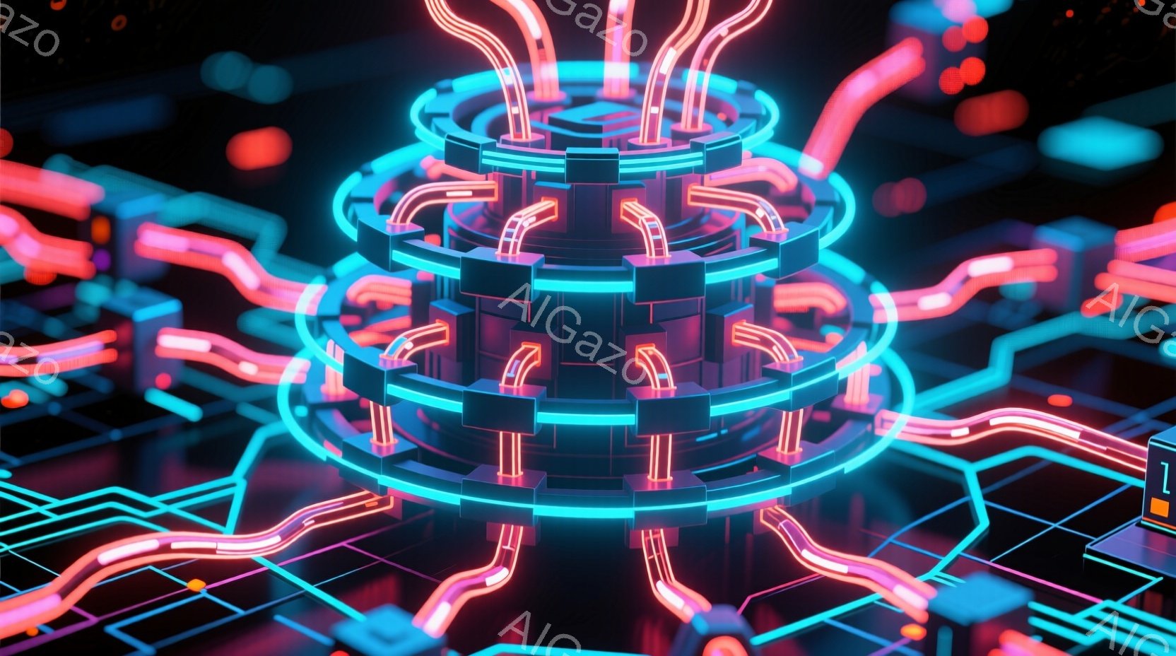 この画像は、ネオンカラーの未来的な構造物を描いています。中心には、青い光を放つ円筒形の層状の装置があり、赤い光のラインが放射状に接続されています。背景は暗く、複雑な回路基板のようなパターンが広がっており、全体的にサイバーパンク風のデジタルな雰囲気を醸し出しています。