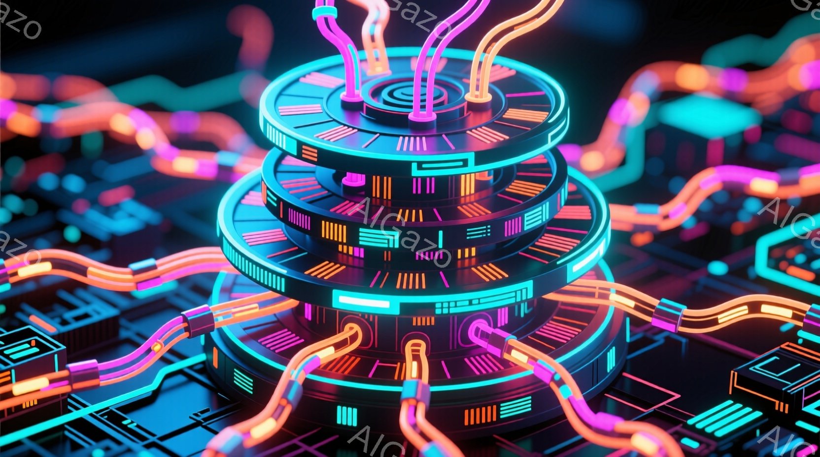 画像は、ネオンカラーの光る円筒形構造物が積み重なった、未来的な装置を捉えています。鮮やかなターコイズ、ピンク、オレンジ色の光が複雑な回路パターンを描き出し、暗い背景の中で際立っています。全体的に、高度な技術とサイバーパンク的な雰囲気が漂う、非常にスタイリッシュで抽象的な表現です。