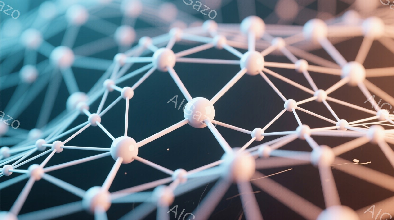 この画像は、白く光る球体同士が細い線で繋がれたネットワーク構造が特徴的です。球体は互いに繋がり合い、複雑な網の目のような形を形成しており、背景は暗いグレーがかった色調で、未来的な雰囲気があります。全体として、科学技術やデータ接続を象徴するような、抽象的で洗練されたイメージです。