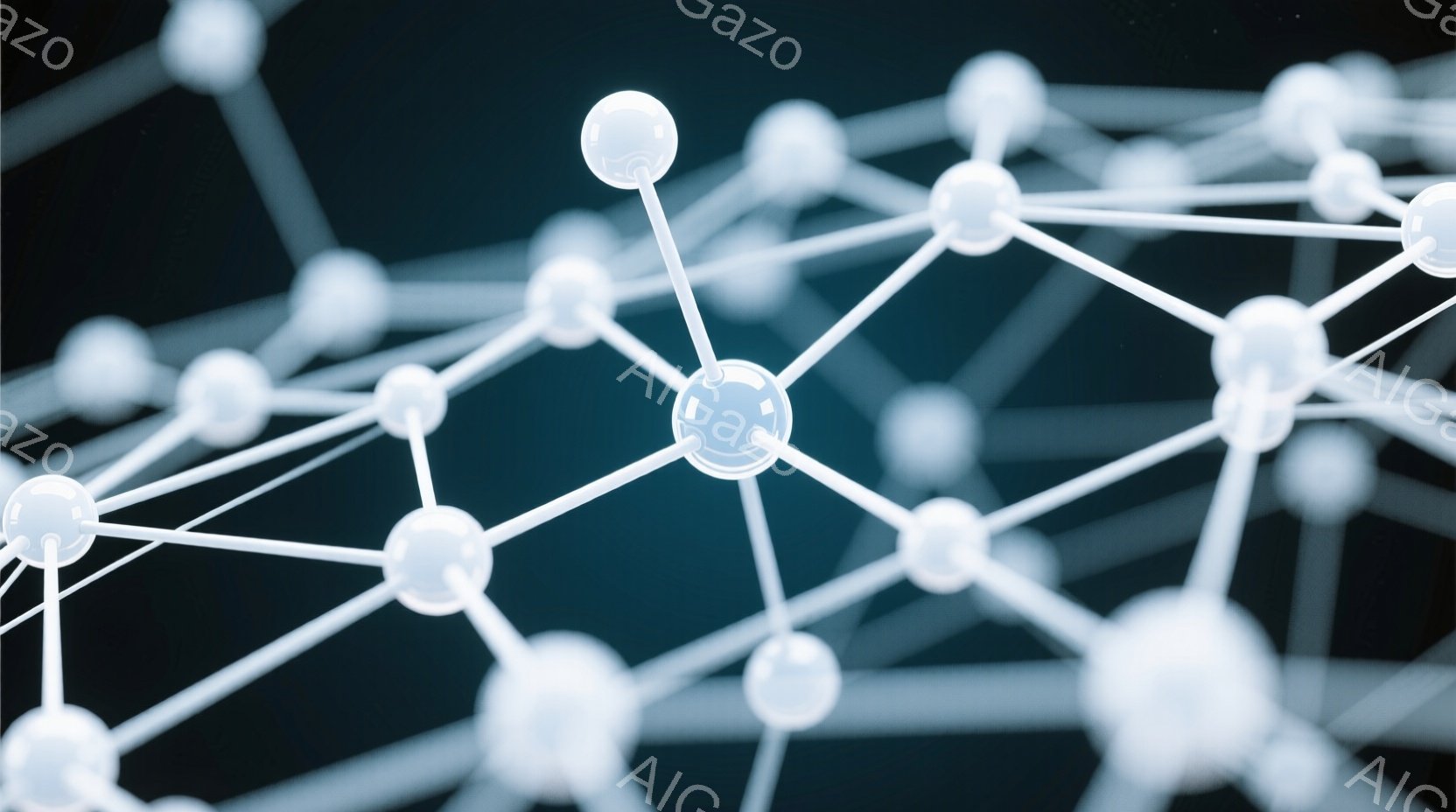 この画像は、暗い背景に浮かぶ、複雑な白線と球体で構成されたネットワーク構造を示しています。球体は接続点として機能し、線はそれらを結び付け、3次元的な網目模様を形成しています。全体として、科学的、技術的な抽象概念を表現するような、ミニマルで未来的な印象を与えます。