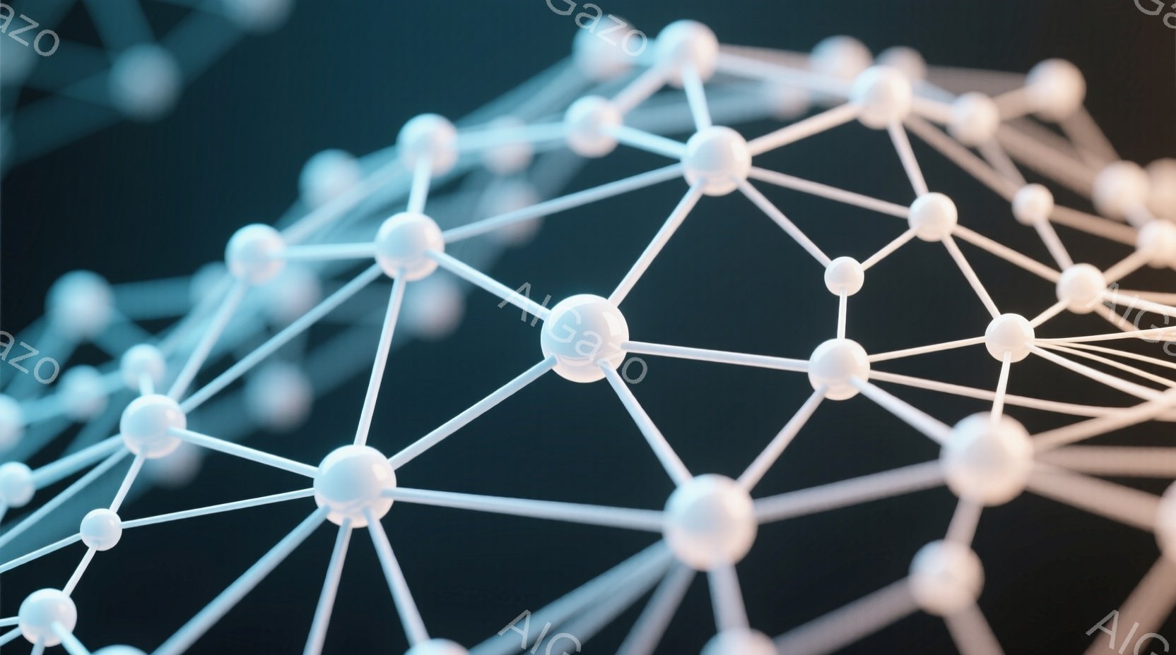 白い球体同士が細い線で繋がれたネットワーク構造が、暗いグレーの背景に浮かび上がっています。球体は焦点が合っており、線は少しぼやけており、奥行きを感じさせます。全体的に未来的な科学技術を連想させる、抽象 - AI生成フリー素材