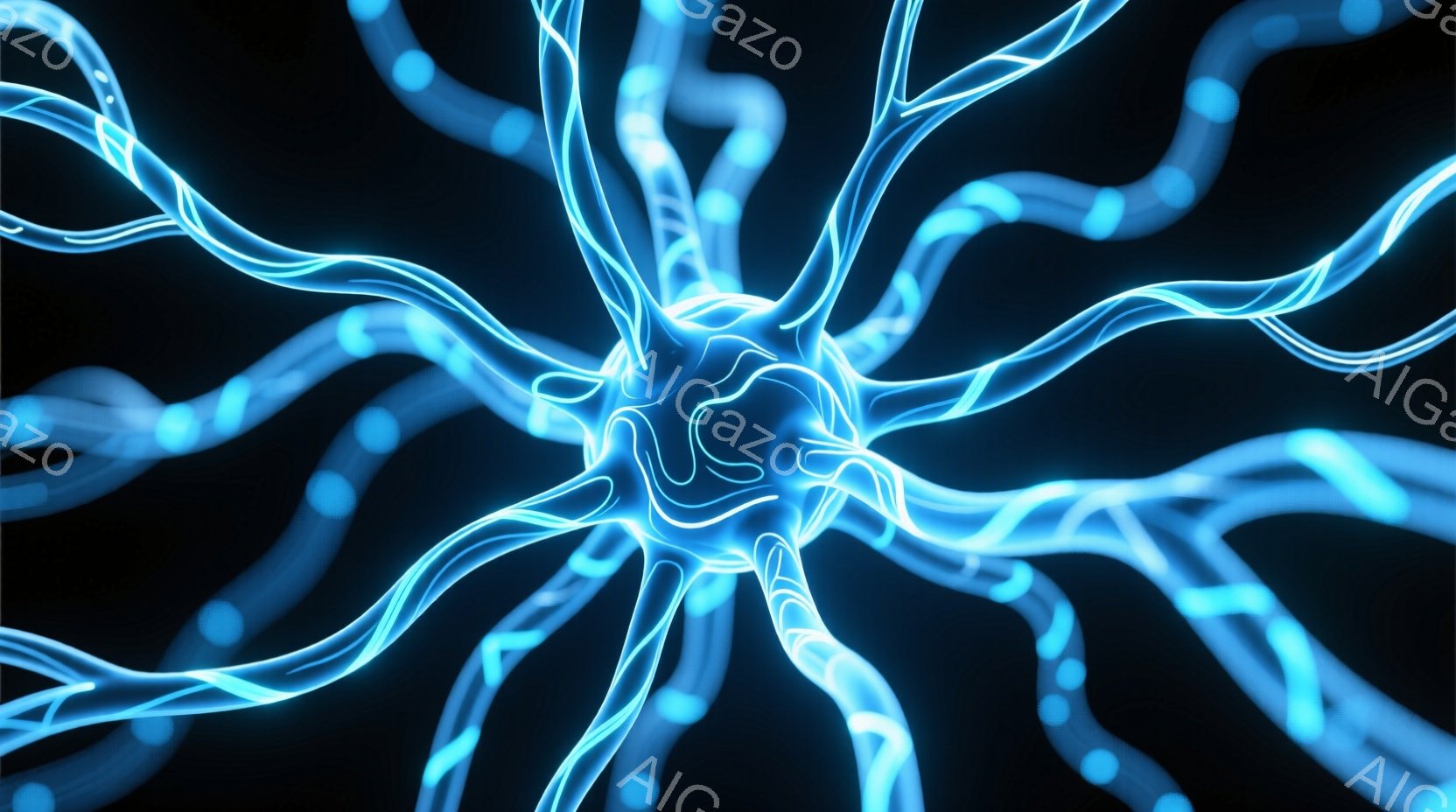 深い黒背景に、青く光る複雑な管状の構造体が放射状に広がっている。管はねじれ、絡み合い、まるで神経細胞や血管のような有機的な形状を形成しており、中心部はより密集して複雑になっている。全体的に、生命力やエネルギーの流れを象徴するような、神秘的で未来的な雰囲気を醸し出している。