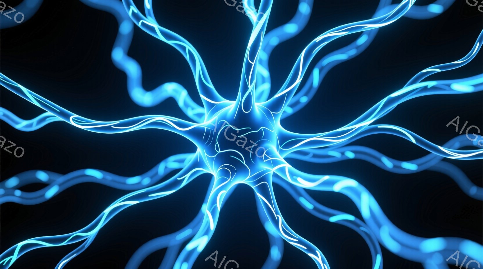 鮮やかな青色の光る線が、中心から放射状に広がっている様子が描かれている。まるで神経細胞や血管のような有機的な形状で、暗い背景とのコントラストが印象的だ。全体的に神秘的で、生命のエネルギーを感じさせる雰囲気である。