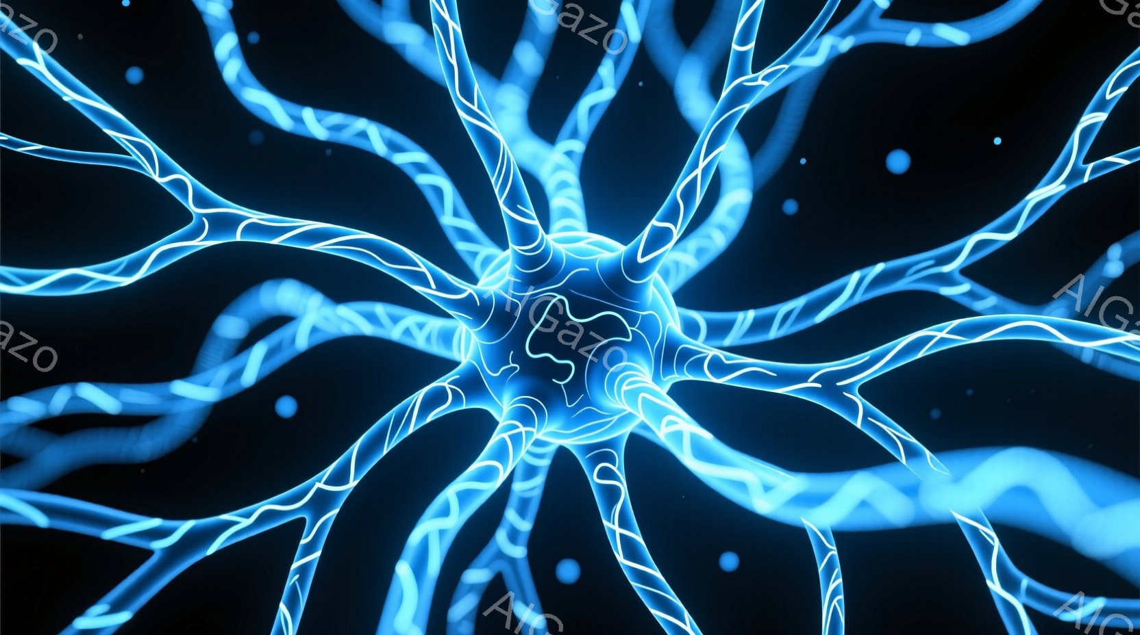 鮮やかな青色の光る線が、中心から放射状に広がる様子が描かれています。まるで神経細胞や血管のような有機的な形状をしており、背景は暗闇の中にわずかな光点が浮かんでいます。全体的に、生命のエネルギーやネットワークを連想させる、神秘的で未来的な雰囲気です。