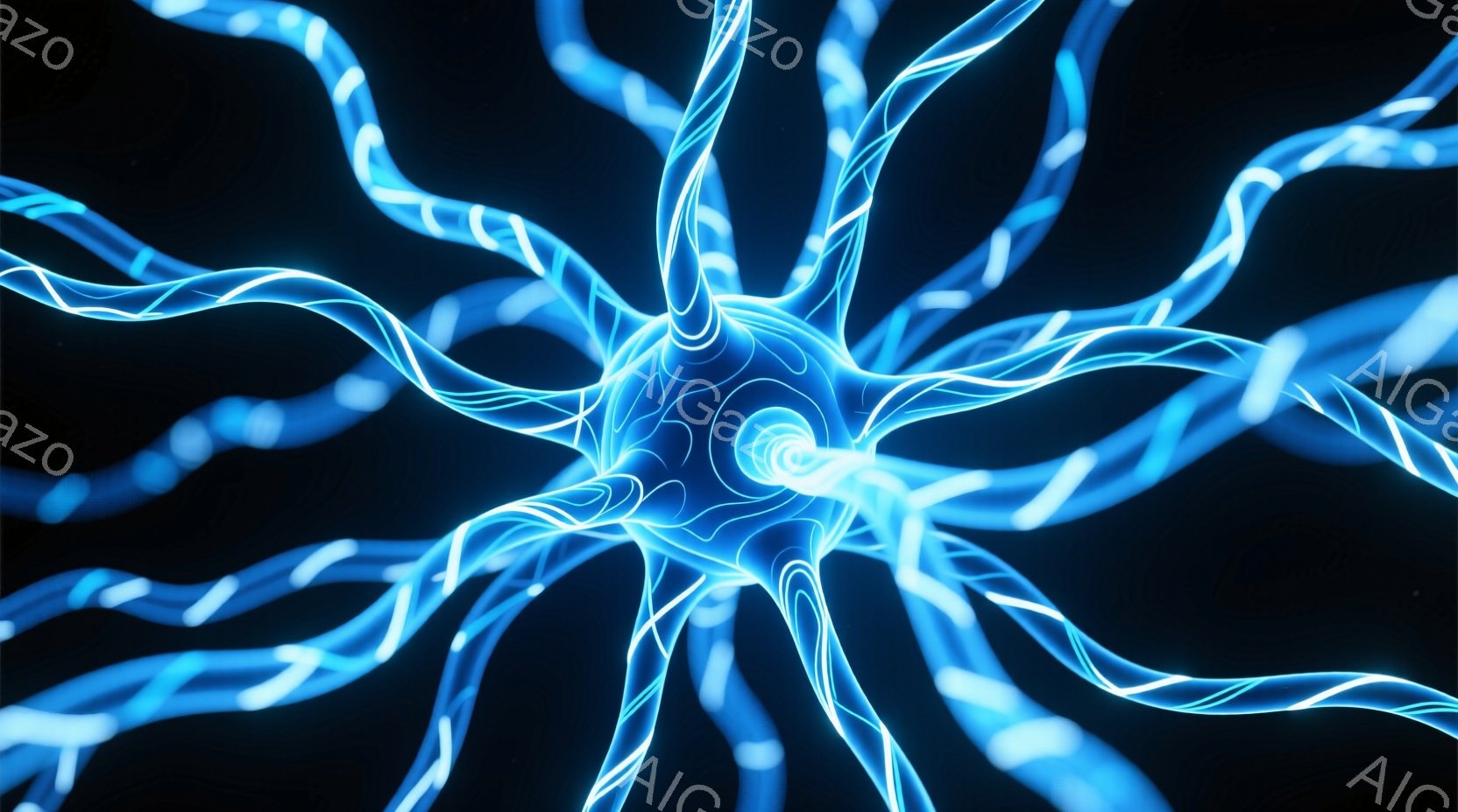 鮮やかな青色の発光する神経細胞が描かれています。細胞体から多数の細長い突起が放射状に伸びており、まるで宇宙空間に浮かぶ神秘的な生命体のようです。暗い背景に浮かび上がる光の粒子が、その存在感をさらに際立たせています。