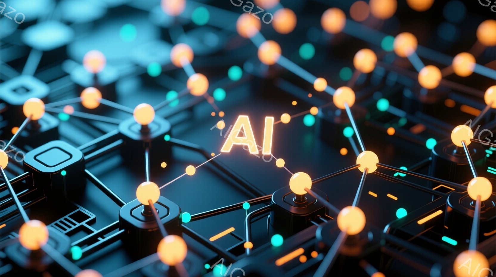 この画像は、未来的な回路基板のような背景に、光る球体と線が複雑に接続された様子を捉えています。中央には「AI」の文字が浮かび上がり、テクノロジー、ネットワーク、そして人工知能の概念を象徴しています。全体的に青とオレンジの光が印象的で、近未来的で洗練された雰囲気を醸し出しています。